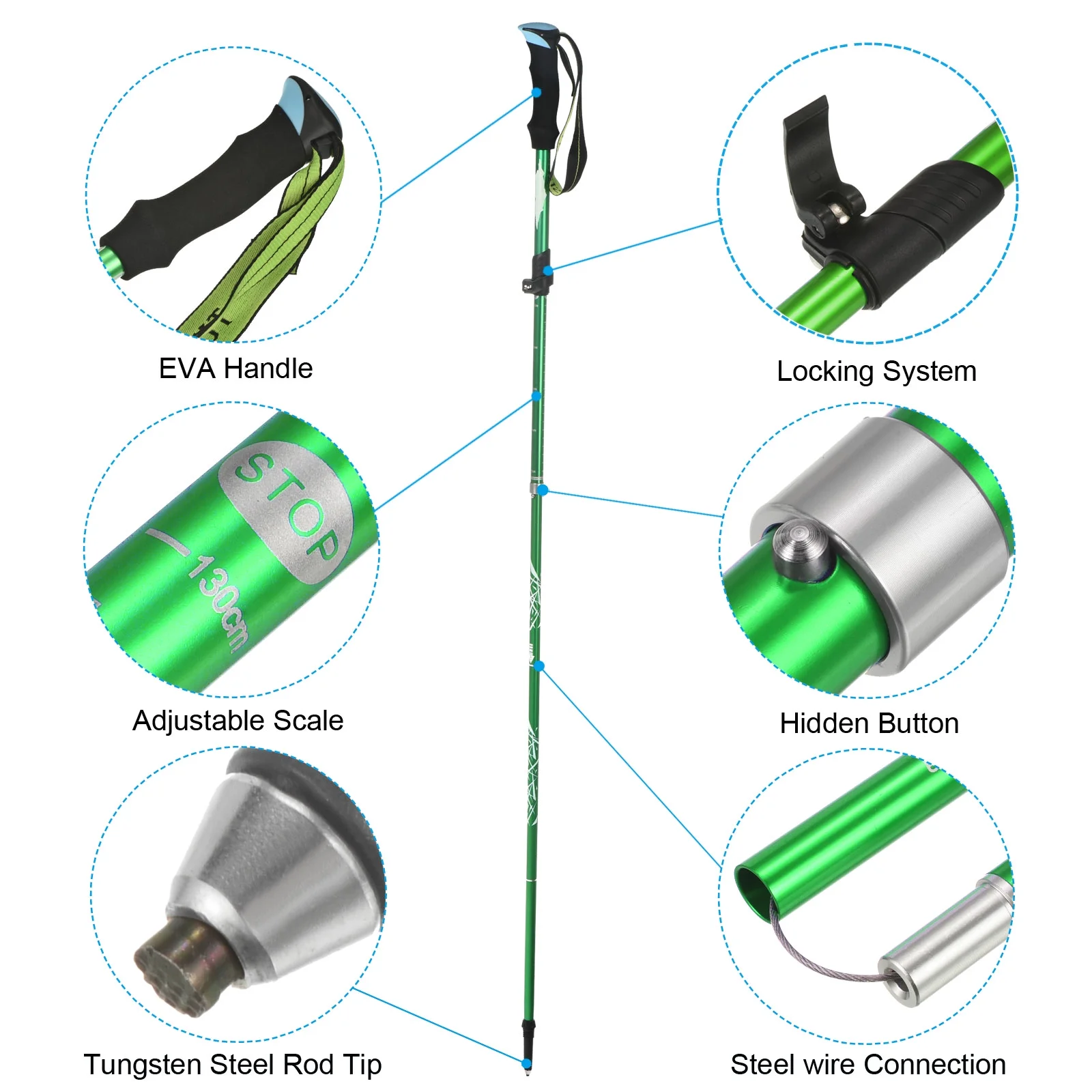 Uxcell Trekking Poles, Collapsible Hiking Pole 51 Inch Aluminum Alloy, Green