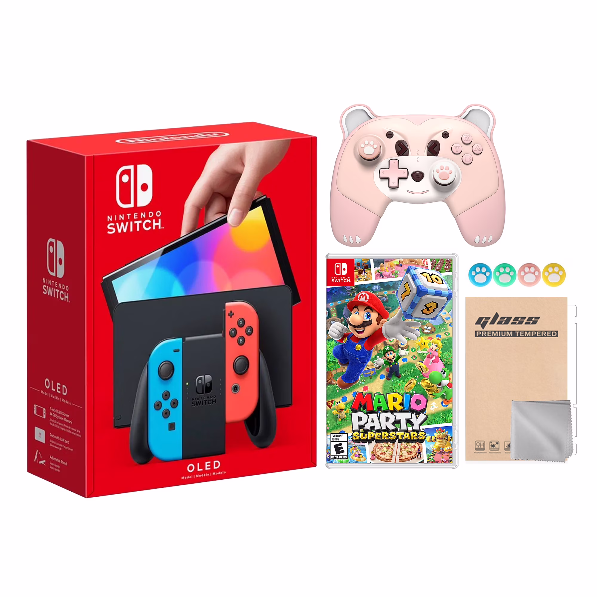 Switch OLED Model Red Blue 64GB Console HD Screen & LAN-Port Dock with Mario Party Superstars Game, Mytrix Wireless Pro Controller Pink Bear, Screen Protector and Joy-Stick Caps Best Holiday Gift