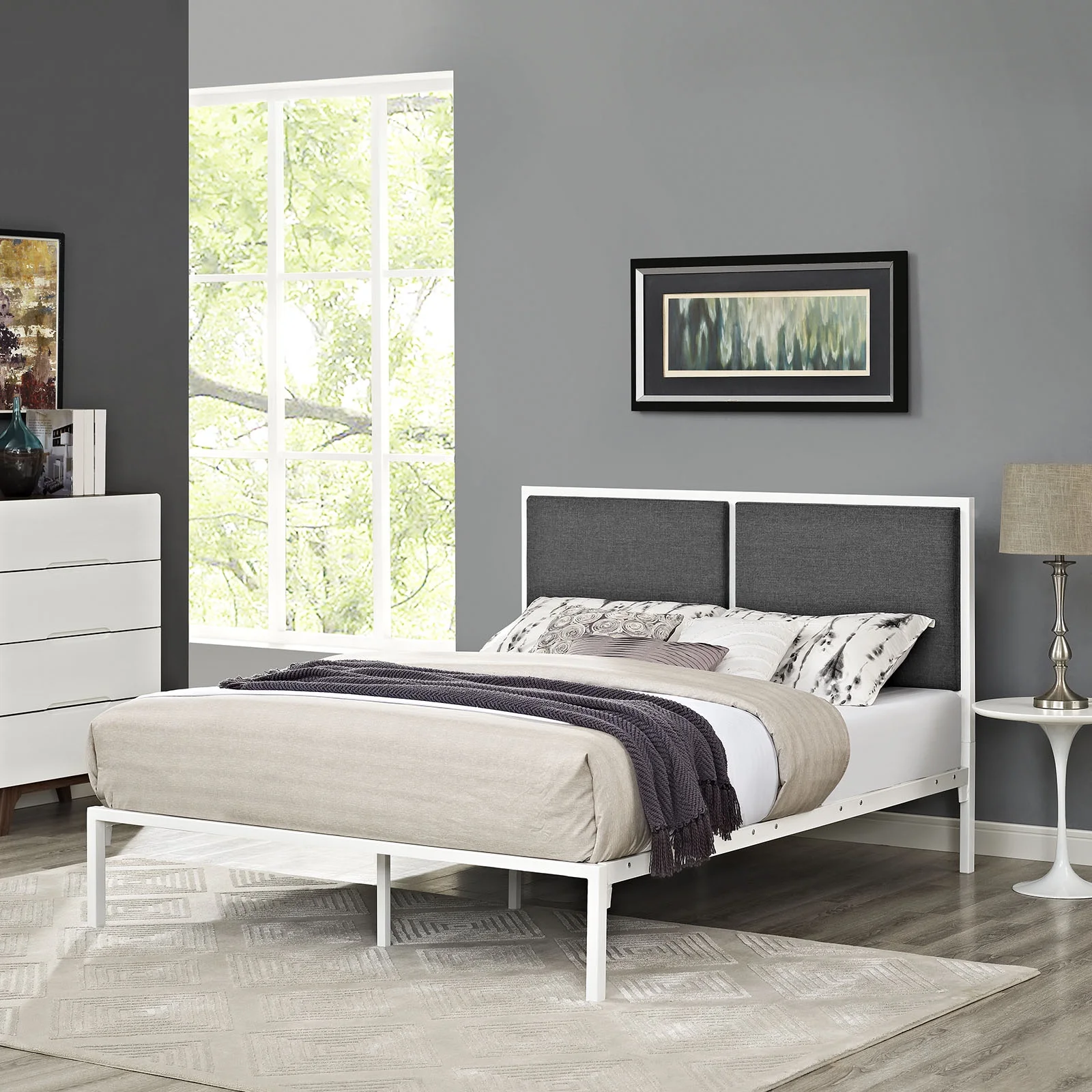 Modway Della King Fabric Bed in White Gray