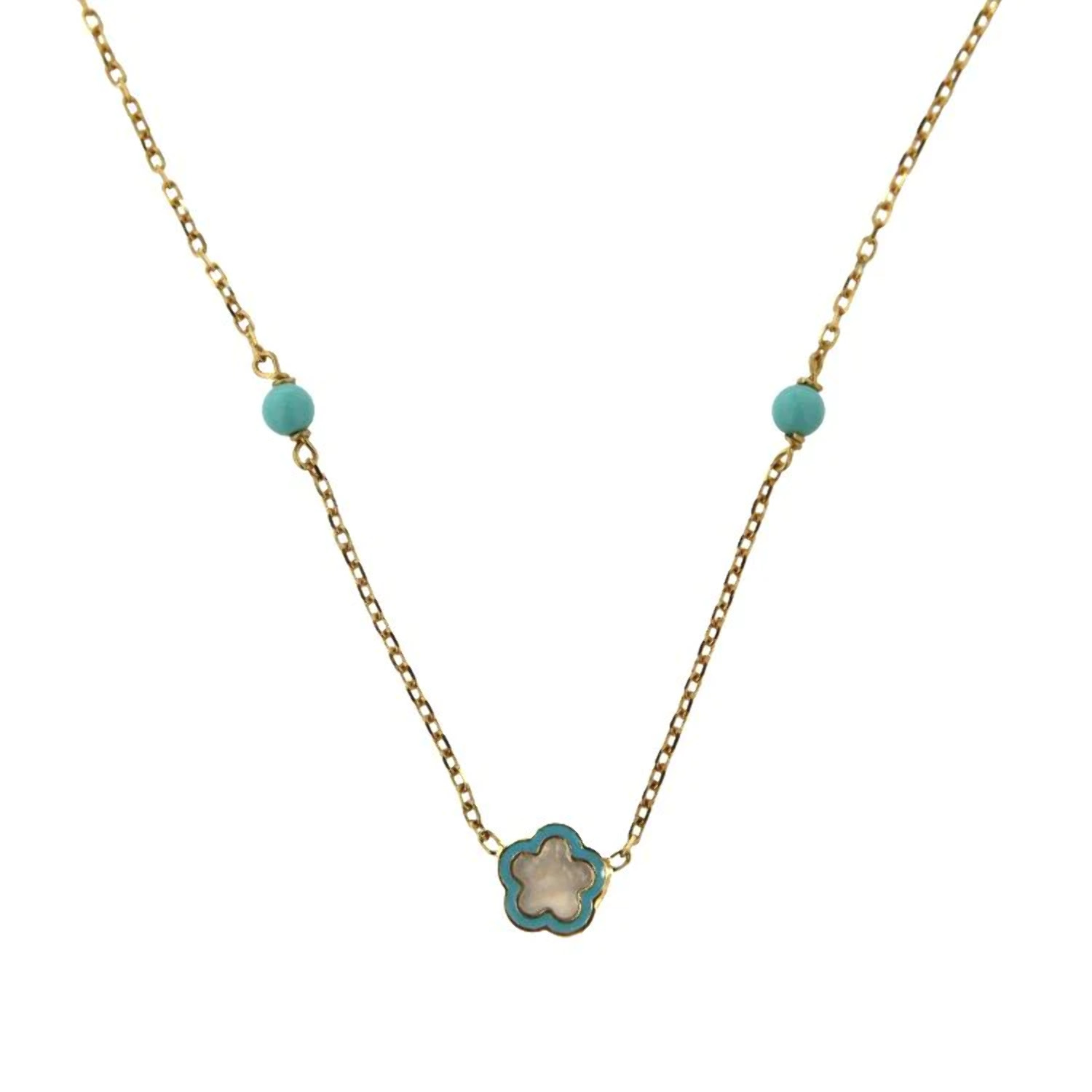 18K Solid Gold Mother of Pearl Flower and Turquoise beads Necklace