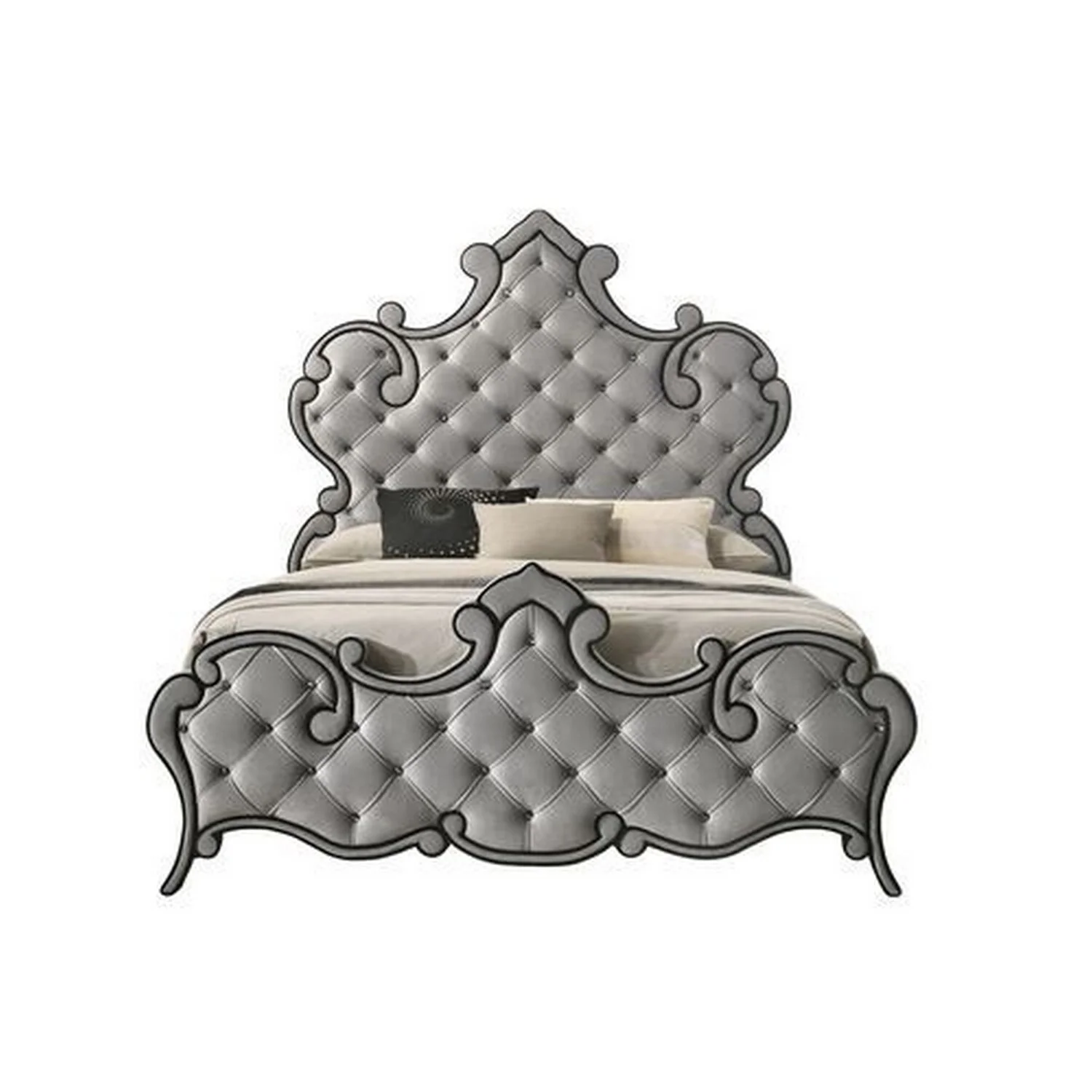 Elen Classic King Size Luxury Bed, Scalloped Tufted Velvet Headboard, Gray
