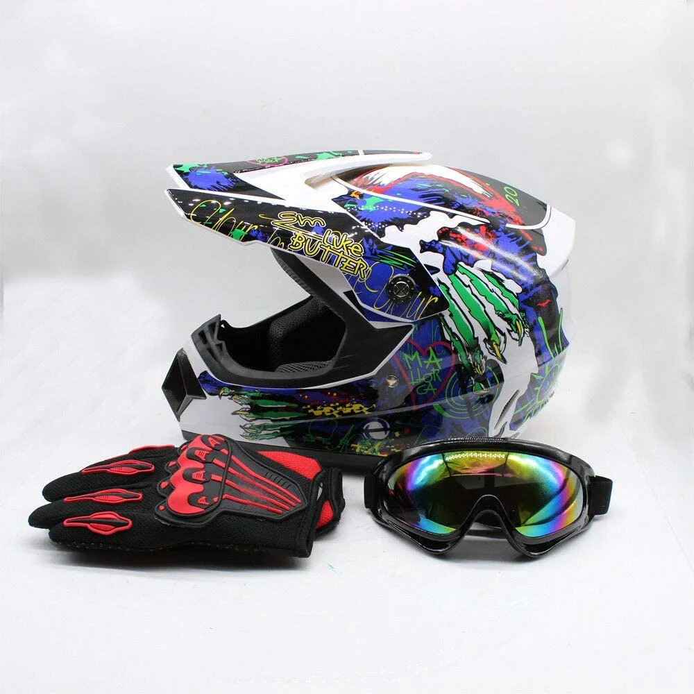 Motocross Helmet Unisex Multi-Color Off-Road Riding Helmet Motorcycle Helmet with Gloves Goggles (L)