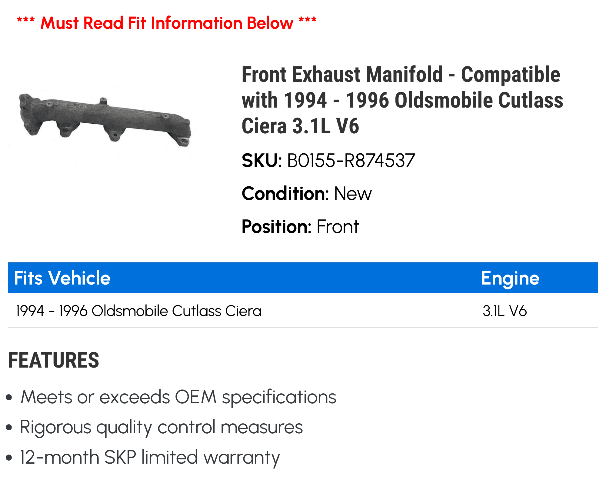 Front Exhaust Manifold - Compatible with 1994 - 1996 Oldsmobile Cutlass Ciera 3.1L V6 1995