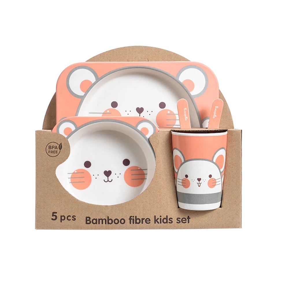 5Pcs/Set Bamboo Kids Dinnerware Set - Children Dishes - BPA Free Food Plate Bowl Cup Spoon Fork Set Dishware, Cartoon Tableware - Mouse