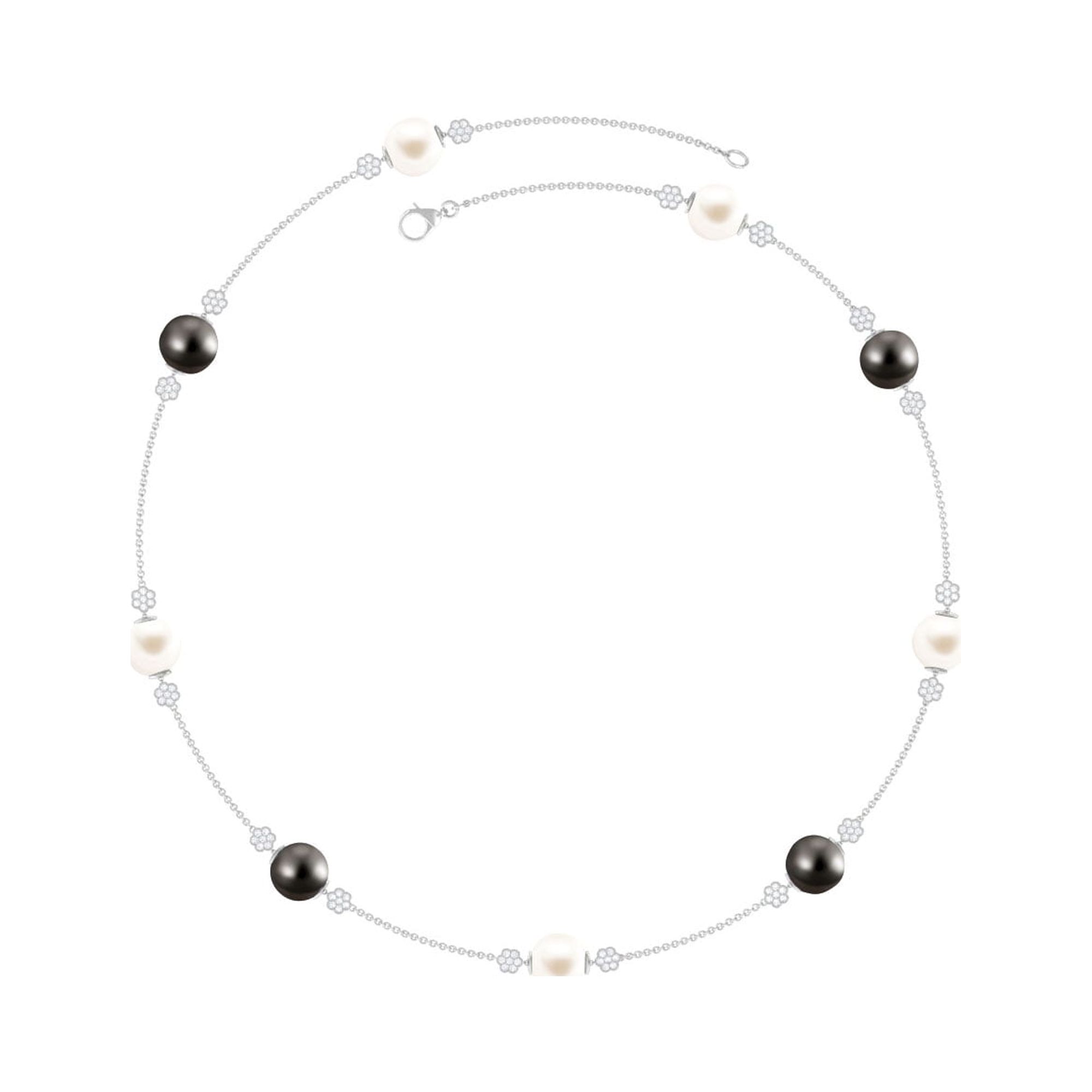Black and White Pearl Chain Necklace with Moissanite, Nature Inspired Station Chain, 10K White Gold