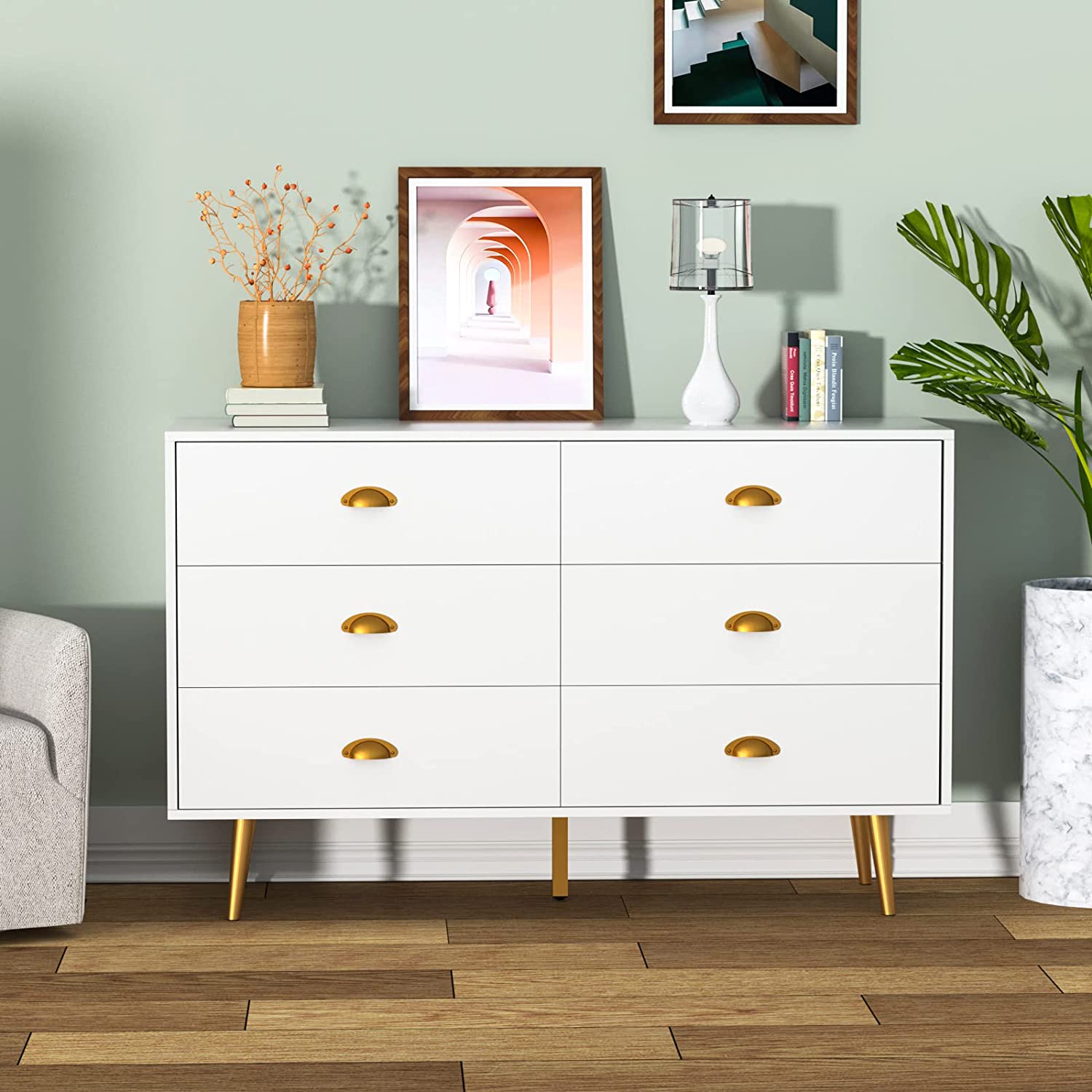 Black Dressr for Bedroom  Modern 6 Drawer Dresser with Wide Drawers and Metal Handles  Wooden Double Dressers & Chest of Drawers for Hallway  Enterway