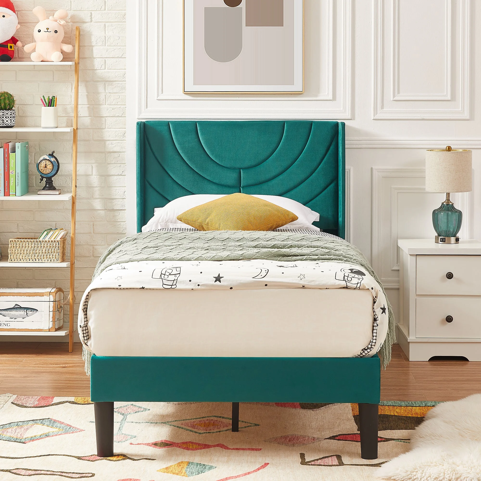 VECELO Set of 2 Twin Bed Frames, Modern Upholstered Platform Bed Frame with Tufted Headboard, No Box Spring Needed, Dark Green