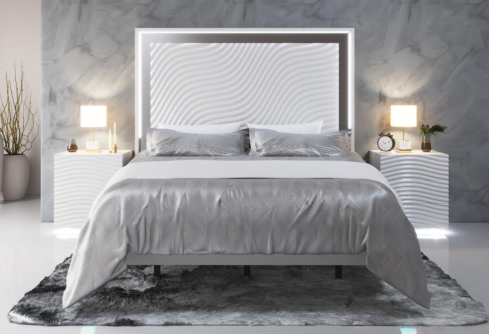 Glam Shiny White Queen Bedroom Set 3 WAVE ESF Contemporary Modern MADE IN SPAIN