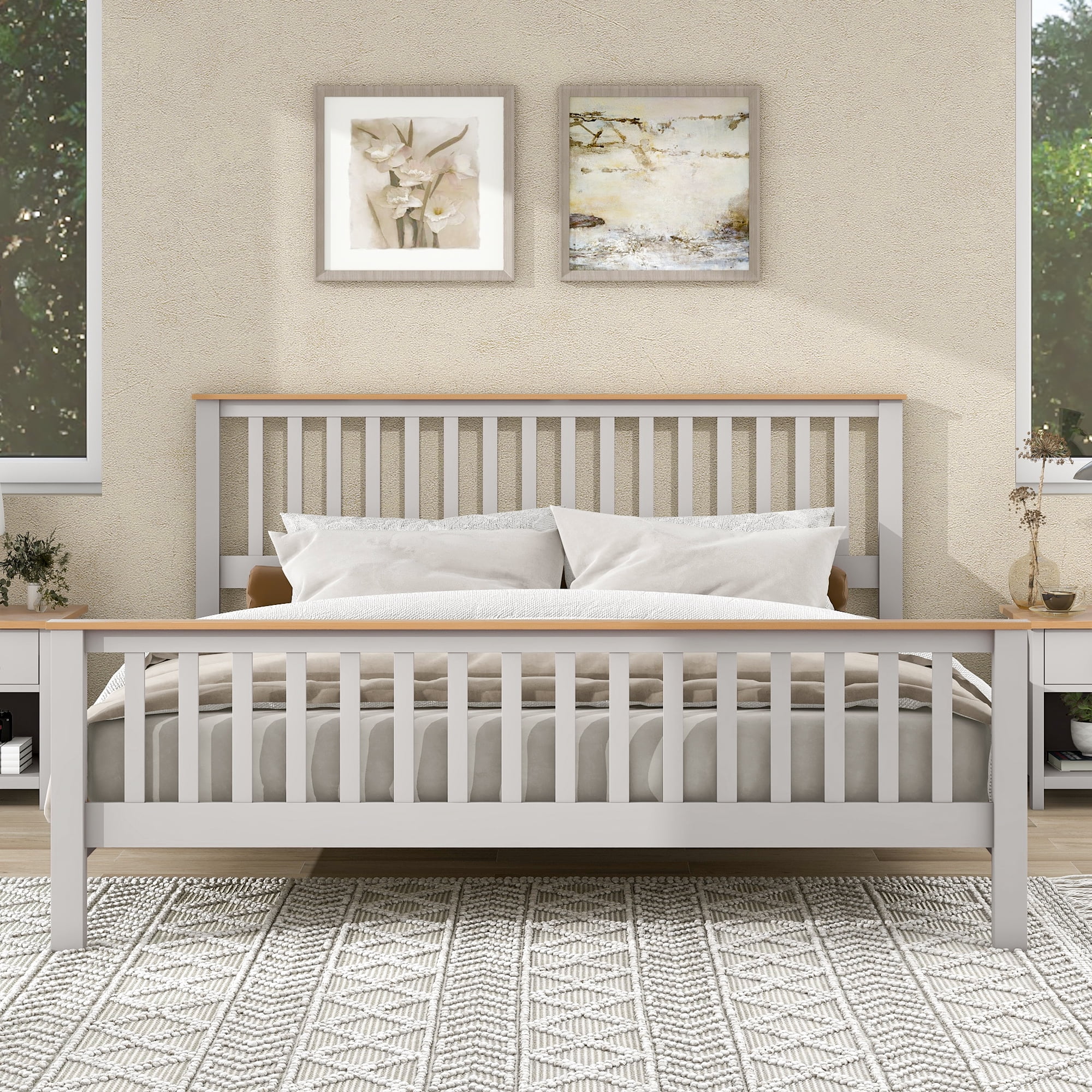 Dcenta Country Gray Solid Platform Bed with Oak , King