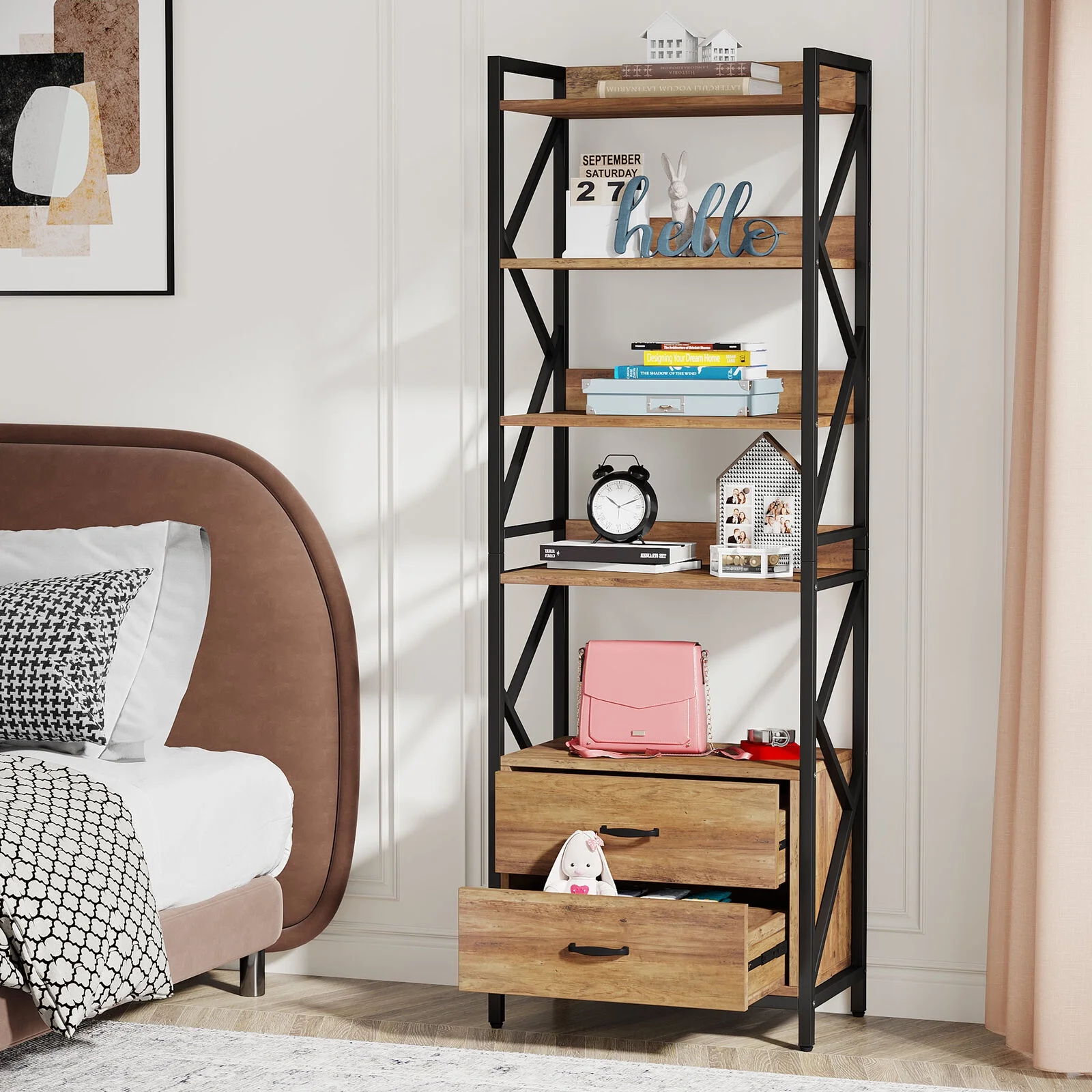 Tribesigns 5 Tier Bookshelf with 2 Drawers, Industrial Bookcase Open Storage Shelf for Home Office, Brown