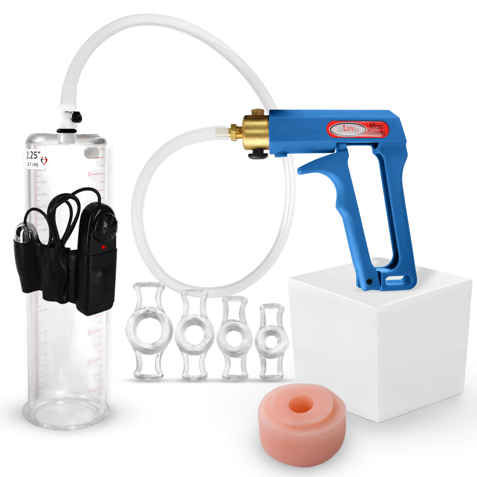 LeLuv® Maxi Penis Pump w/ Blue Handle, Clear Hose | Donut, 4 Constriction Rings | 9