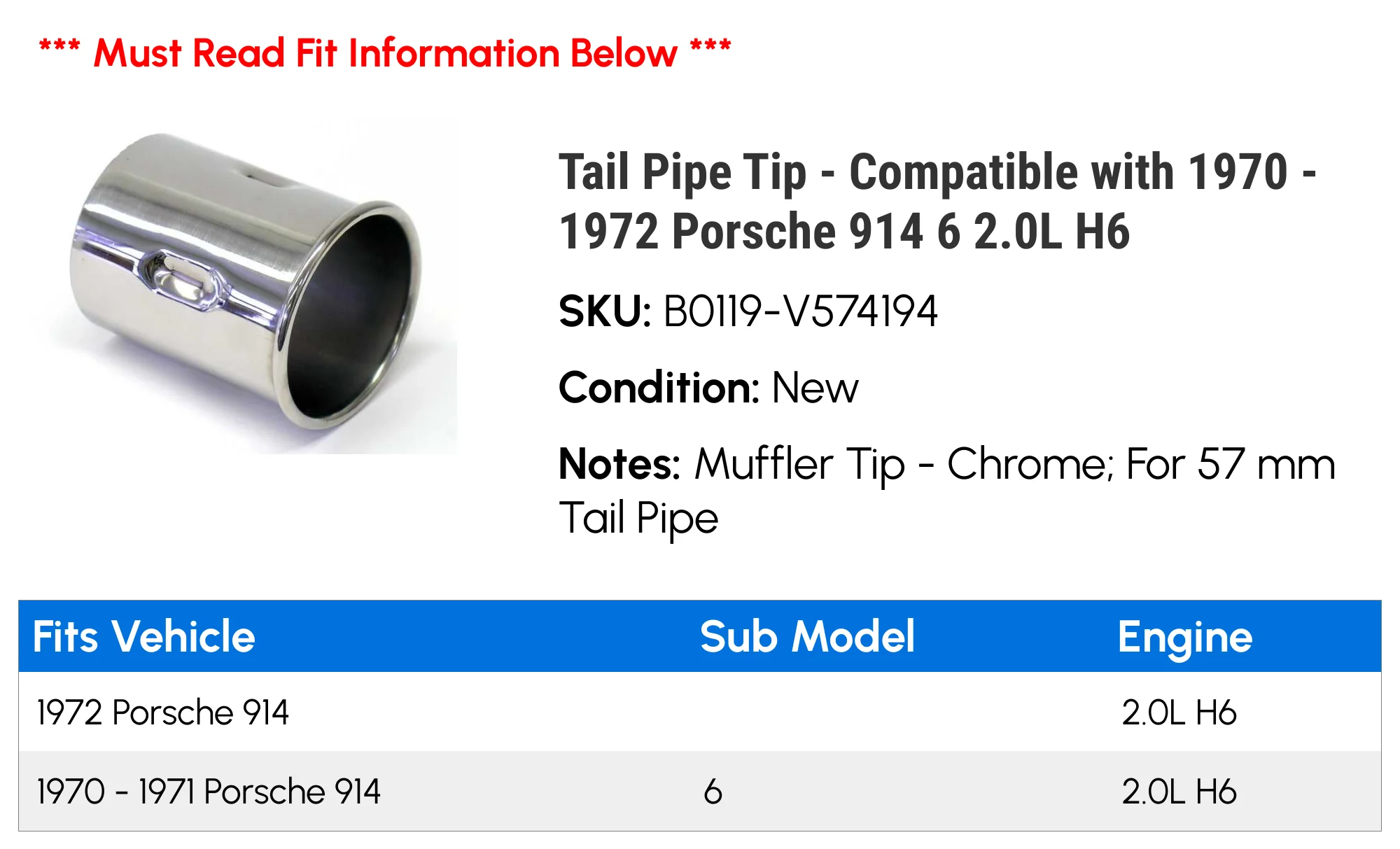 Tail Line Tip - Compatible with 1970 - 1972 Porsche 914 6 2.0L H6 1971