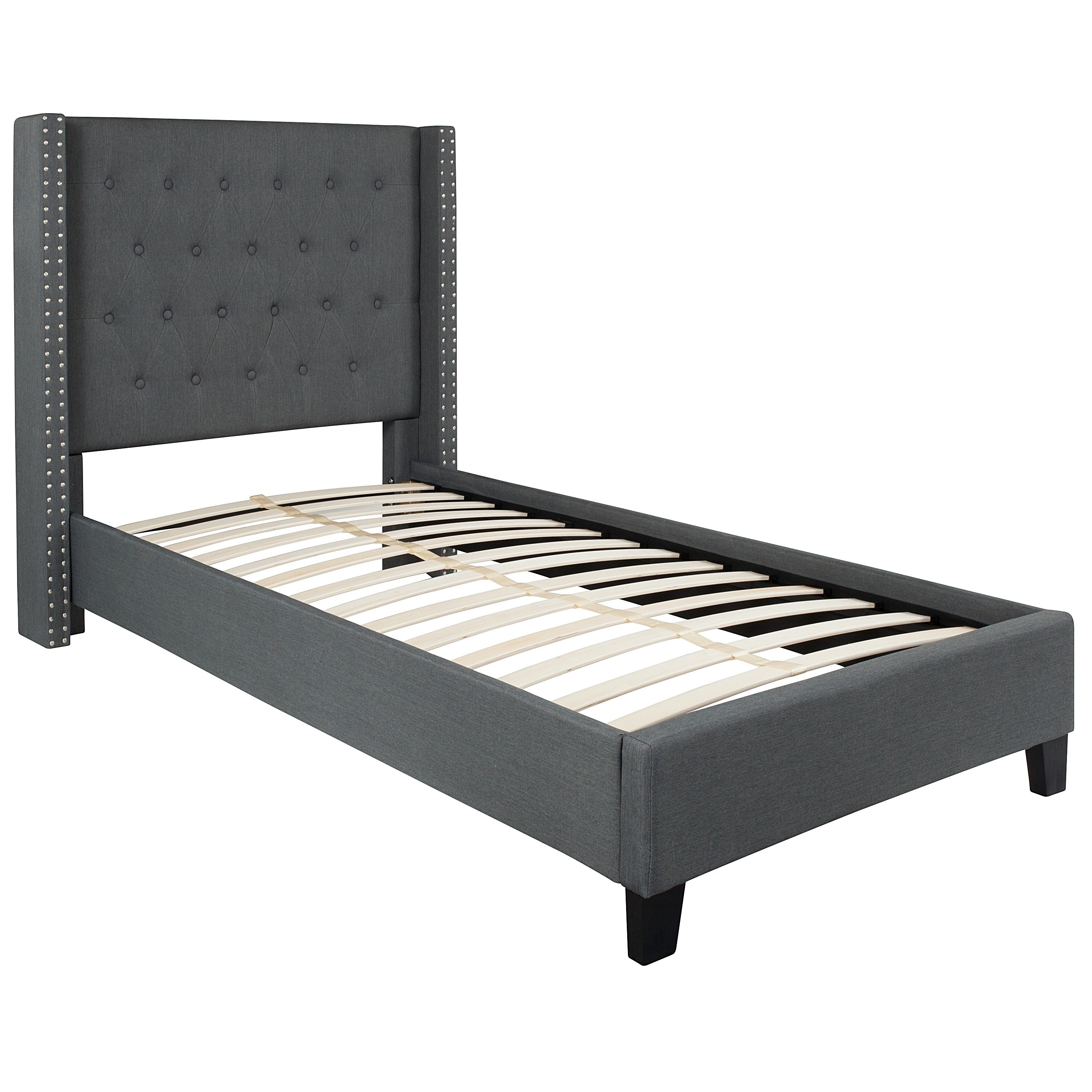 BSD National Supplies Conway Twin Size Dark Grey Wingback Button Tufted Platform Bed with Nailhead Trim