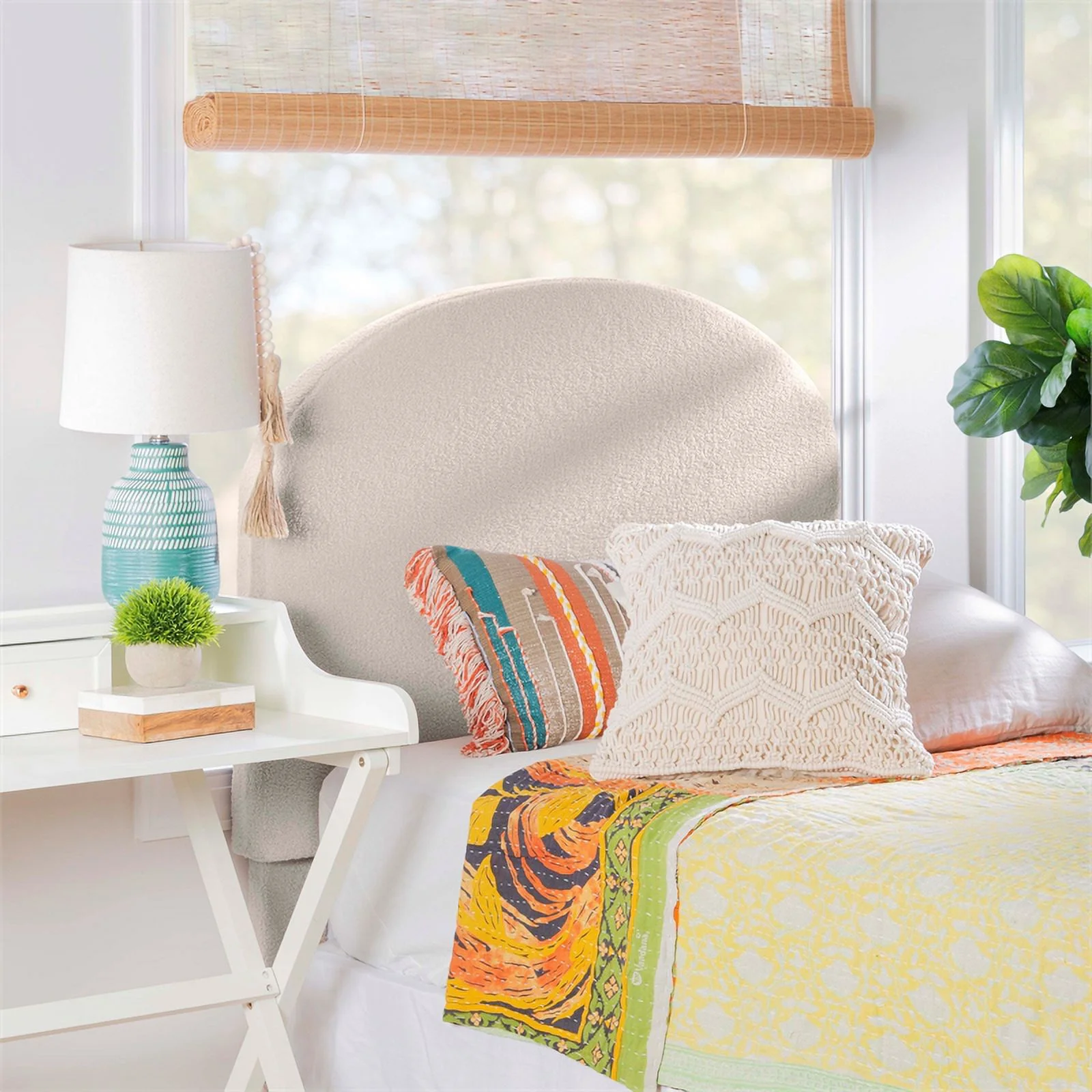 Linon Tristan Twin Sherpa Upholstered Rounded Headboard in Off White