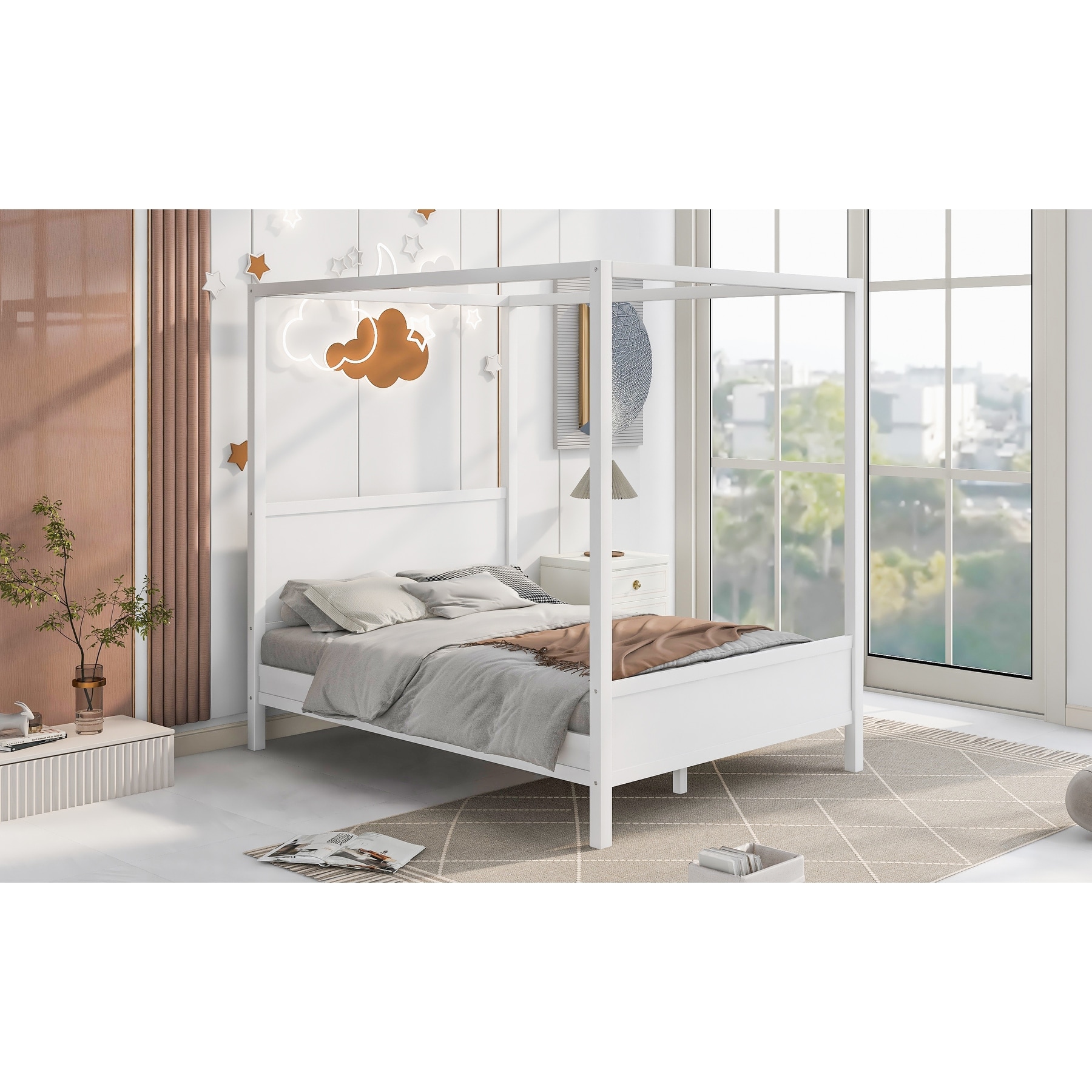 Queen Size Canopy Platform Bed with Headboard and Footboard, Slat Support Leg, White
