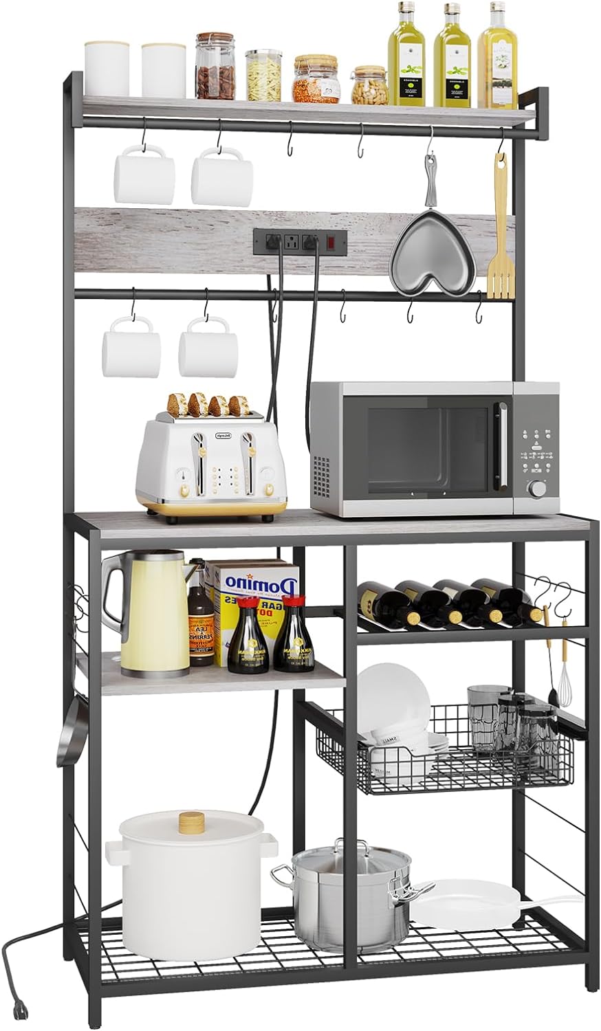 Kitchen Bakers Rack with and Movable Hooks, 3-Tier Microwave Stand with Storage for Utensils, Industrial Kitchen Storage Shelves with and Basket (Greige)