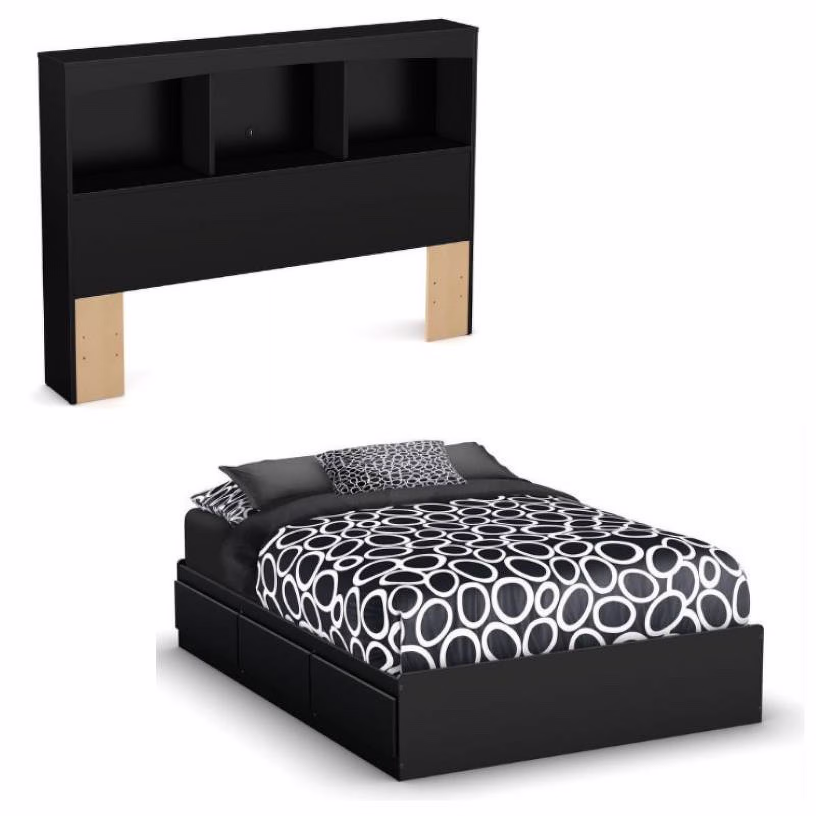 Home Square 2-Piece Set with Full Mates Bed & Bookcase Headboard in Pure Black