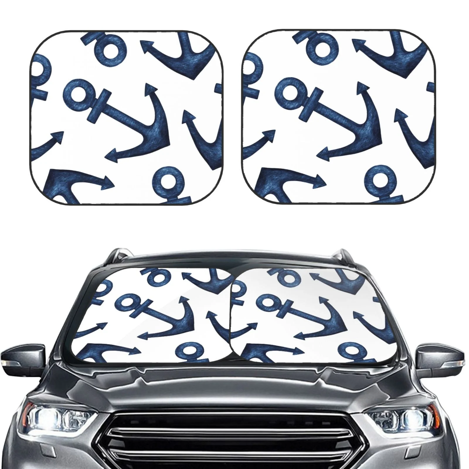 Lukts Navy Blue Anchor Print 2 Piece Car Sun Shade Windshield,Foldable Car Shade Front Windshield With Keeps Your Vehicle Cool, For Most Sedans Suv And Trucks - Small