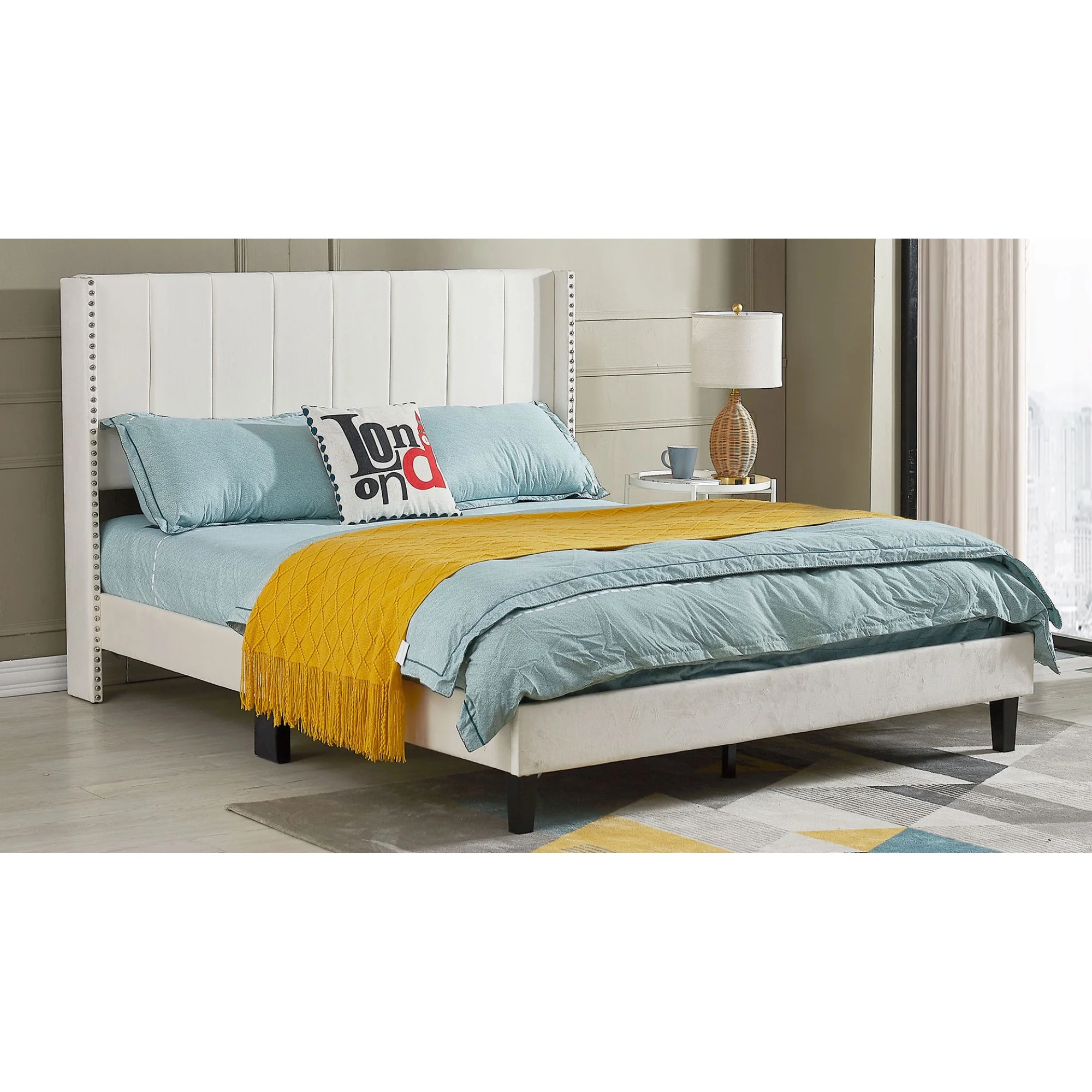 Contemporary Velvet Upholstered Queen Bed Frame, Beige, 86.6L x 65.4W x 46.3H