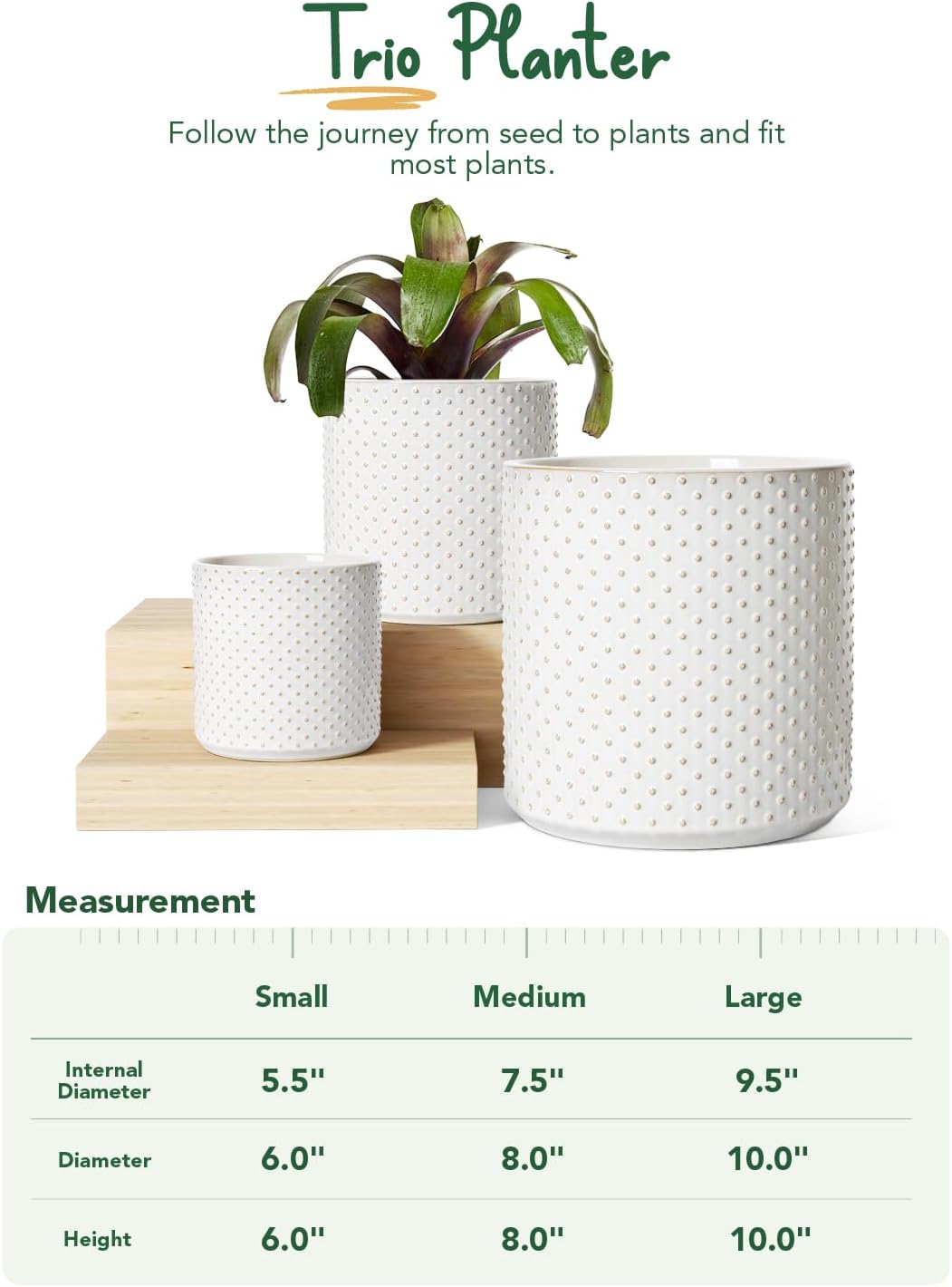 BEMAY 6/8/10 Inch Ceramic Plant Pots, Boho Ceramic Farmhouse Plant Pots with Drainage Hole and Saucer, Set of 3, Arctic White