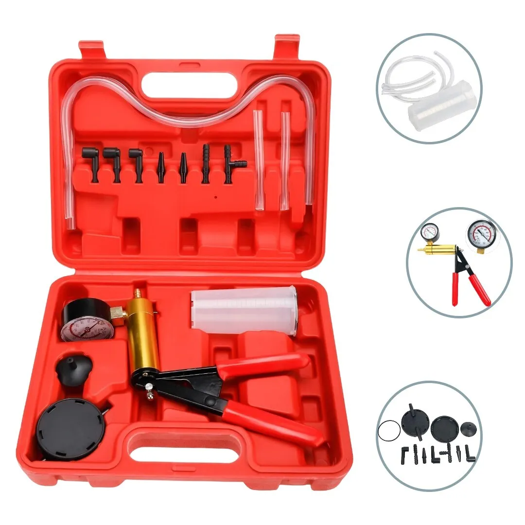 Brake Bleeder & Vacuum Pump Test Hand Held Gauge Tool w/ Hoses Adapters 2 in 1