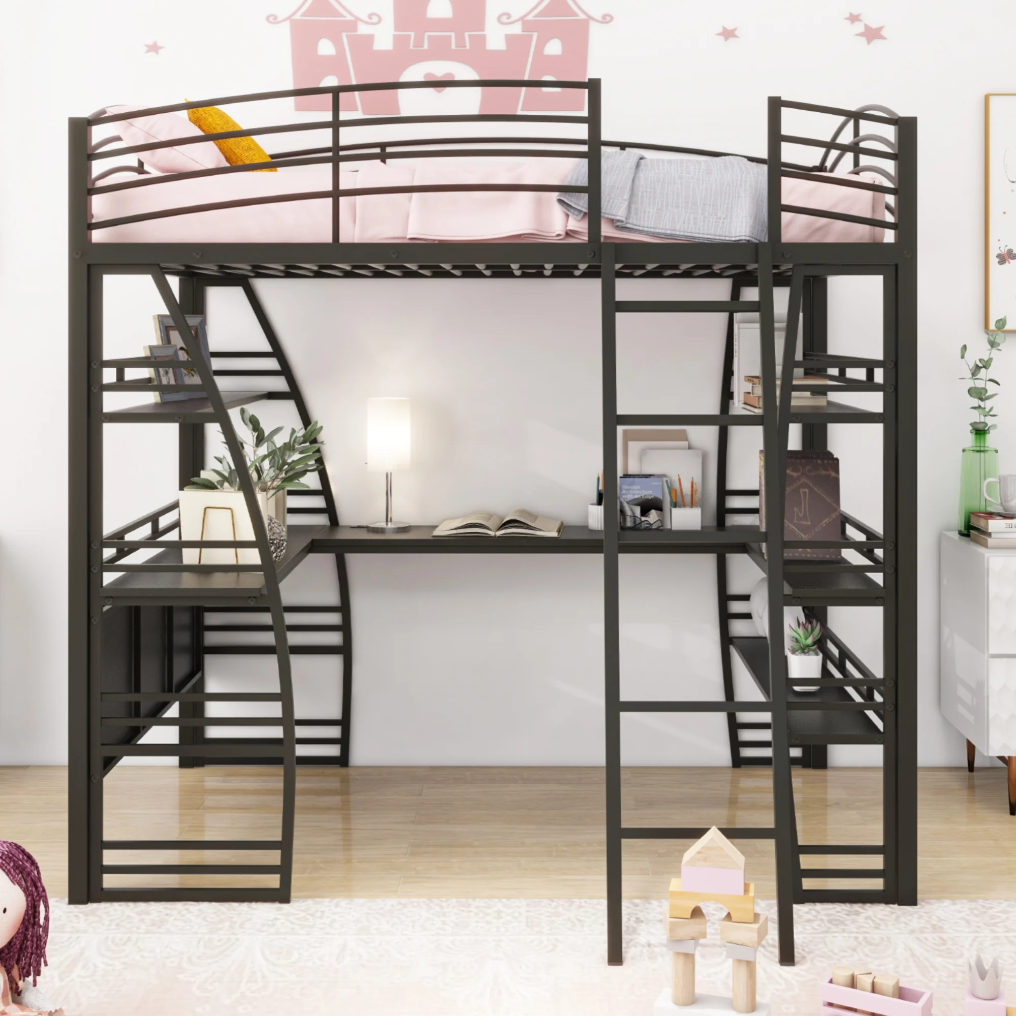 Churanty Full Size Loft Bed with 4 Layers of Shelves and L-shaped Desk, Stylish Metal Frame Bed with a set of Sockets, USB Ports and Wireless Charging, Black