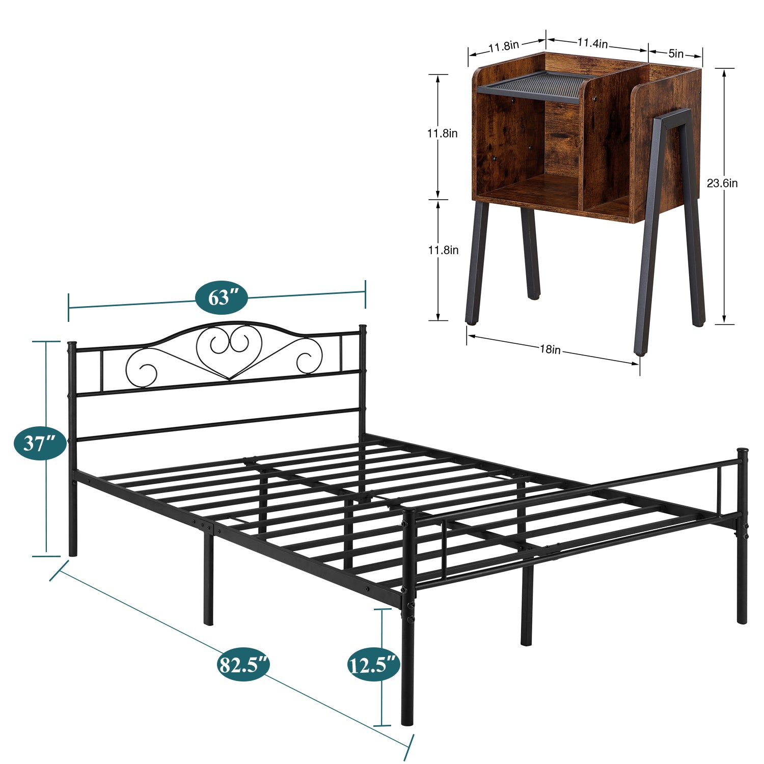 VECELO 3-Piece Bedroom Sets Metal Bed Frame and 2 Nightstands
