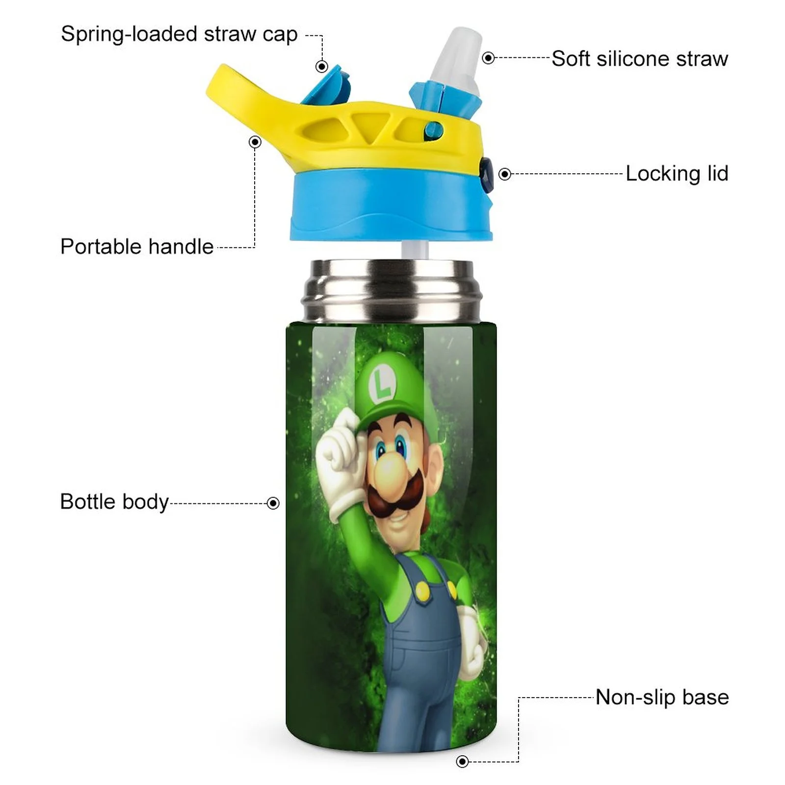 Cartoon Role Luigi's Mansion Kid's Insulated Water Bottle With Straw Vacuum Stainless Steel Cup Leak-Proof Children Toddler Thermoses