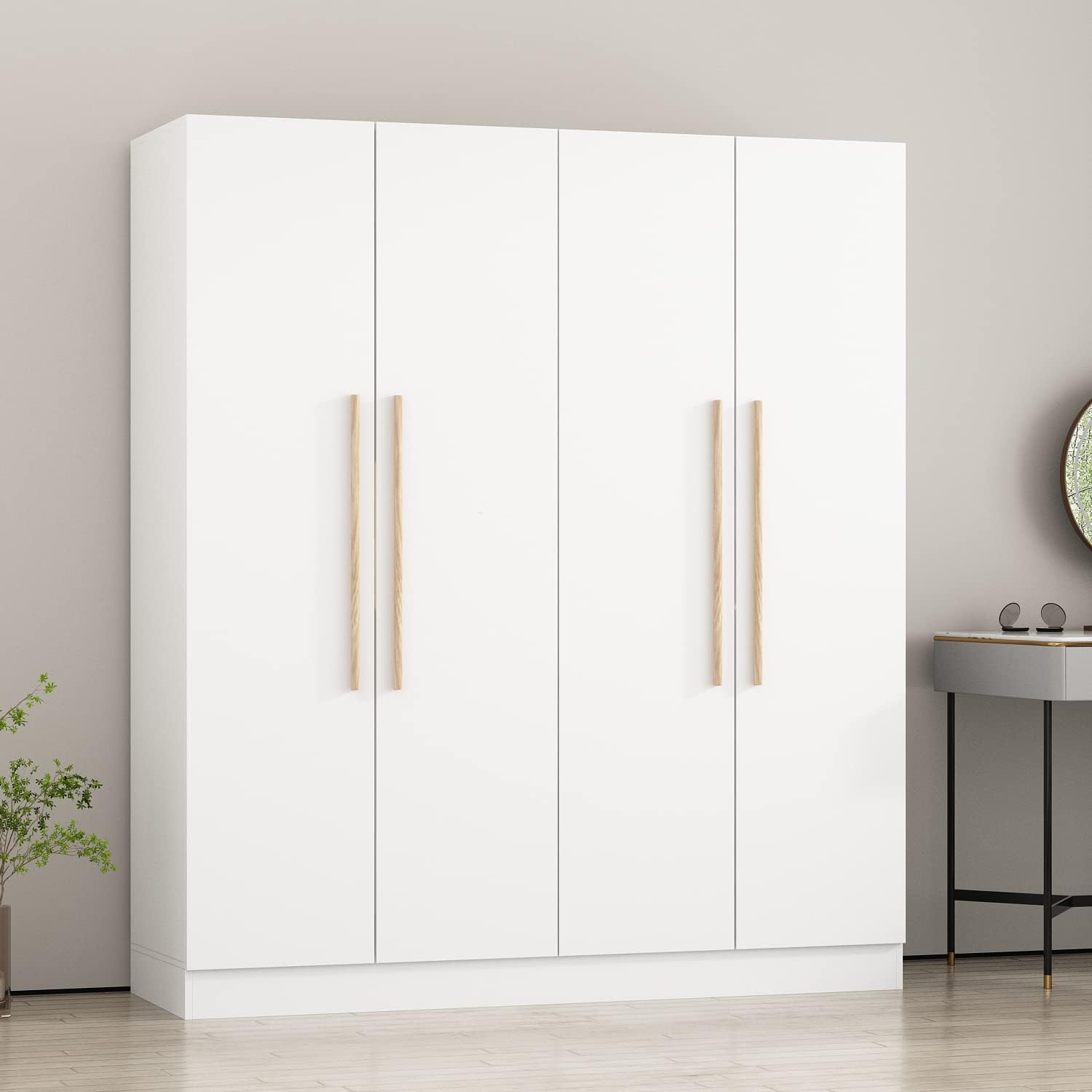 Large Wardrobe Armoire Closet with 4 Doors, Freestanding Wardrobe Cabinet for Hanging Clothes, Bedroom Armoire Dresser Wardrobe Clothes Organizer, 4-Door White (63