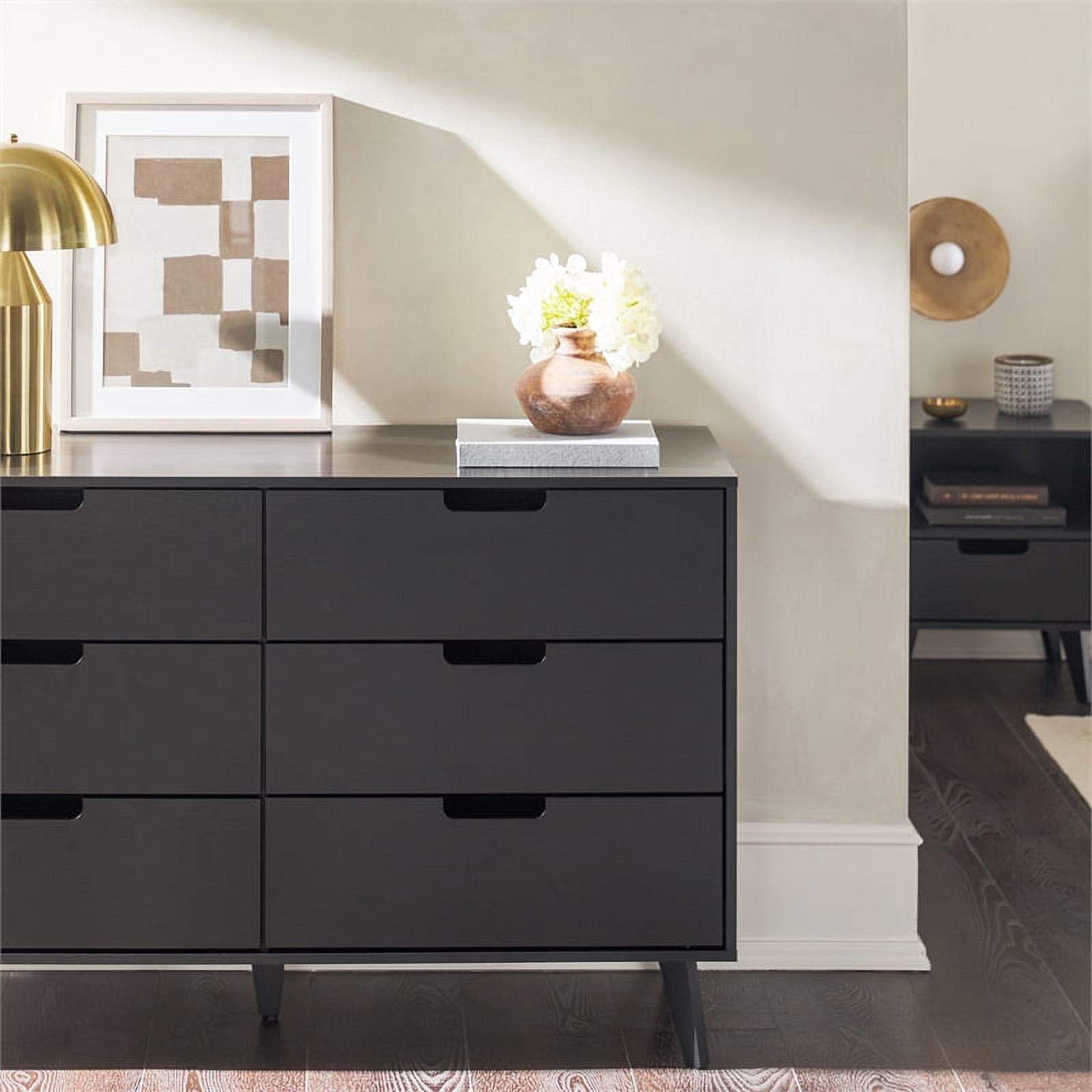 Pemberly Row Simple Wood 6 Drawer Dresser with Cut Out Handles - Black