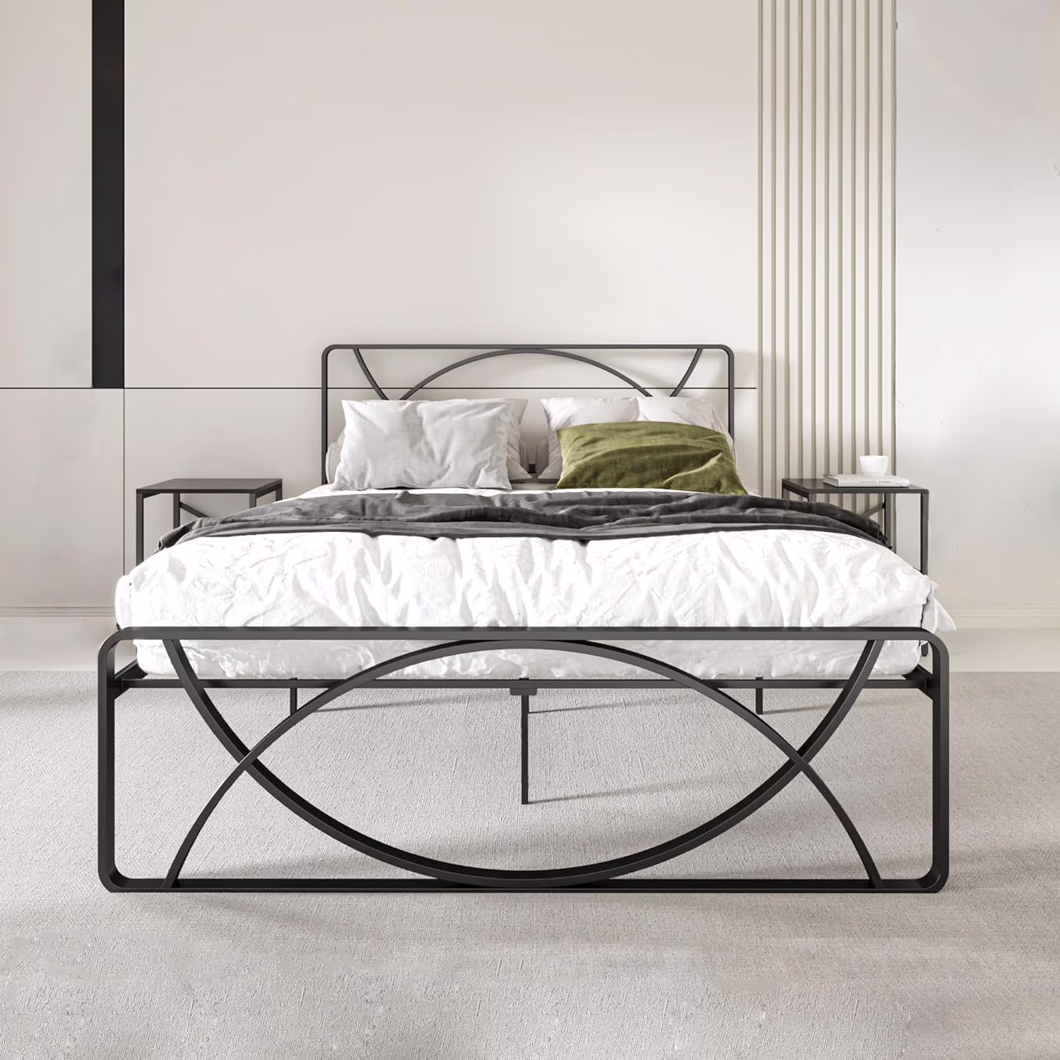 Minimalist Queen Bed Frame With Unique Semicircle Headboard - Platform Bed Frame Queen Size 12 Inch Fits Under Bed Storage - Metal Bed Frame Queen No Box Spring Needed Easy Essembly