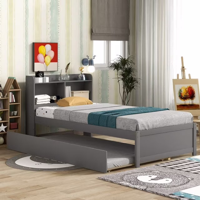 Twin Size Solid Wood Bedroom Furniture with Trundle and Bookcase for Boys and Girls, Wood Platform Bed Frame for Kids Teens Adult, Gray