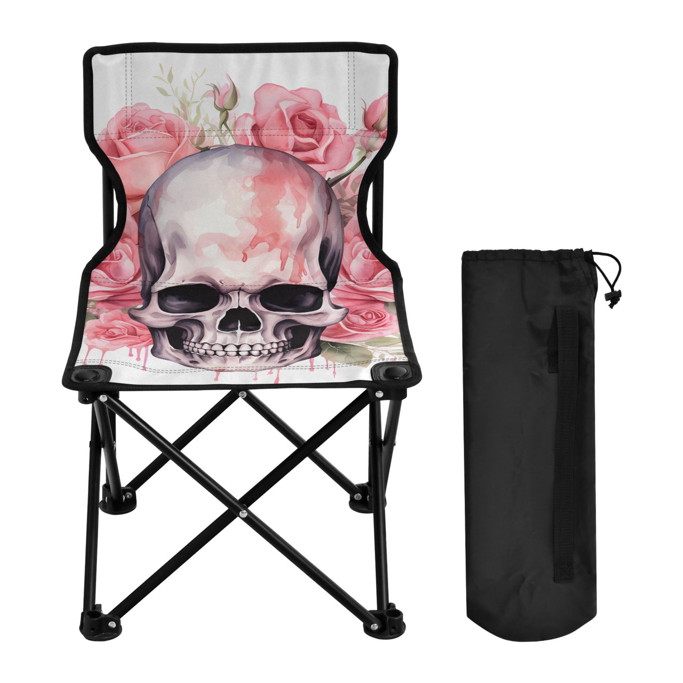 Skeleton with Pink Flowers Portable Camping Chair Outdoor Folding Beach Chair Fishing Chair Lawn Chair with Carry Bag Support to 220LBS