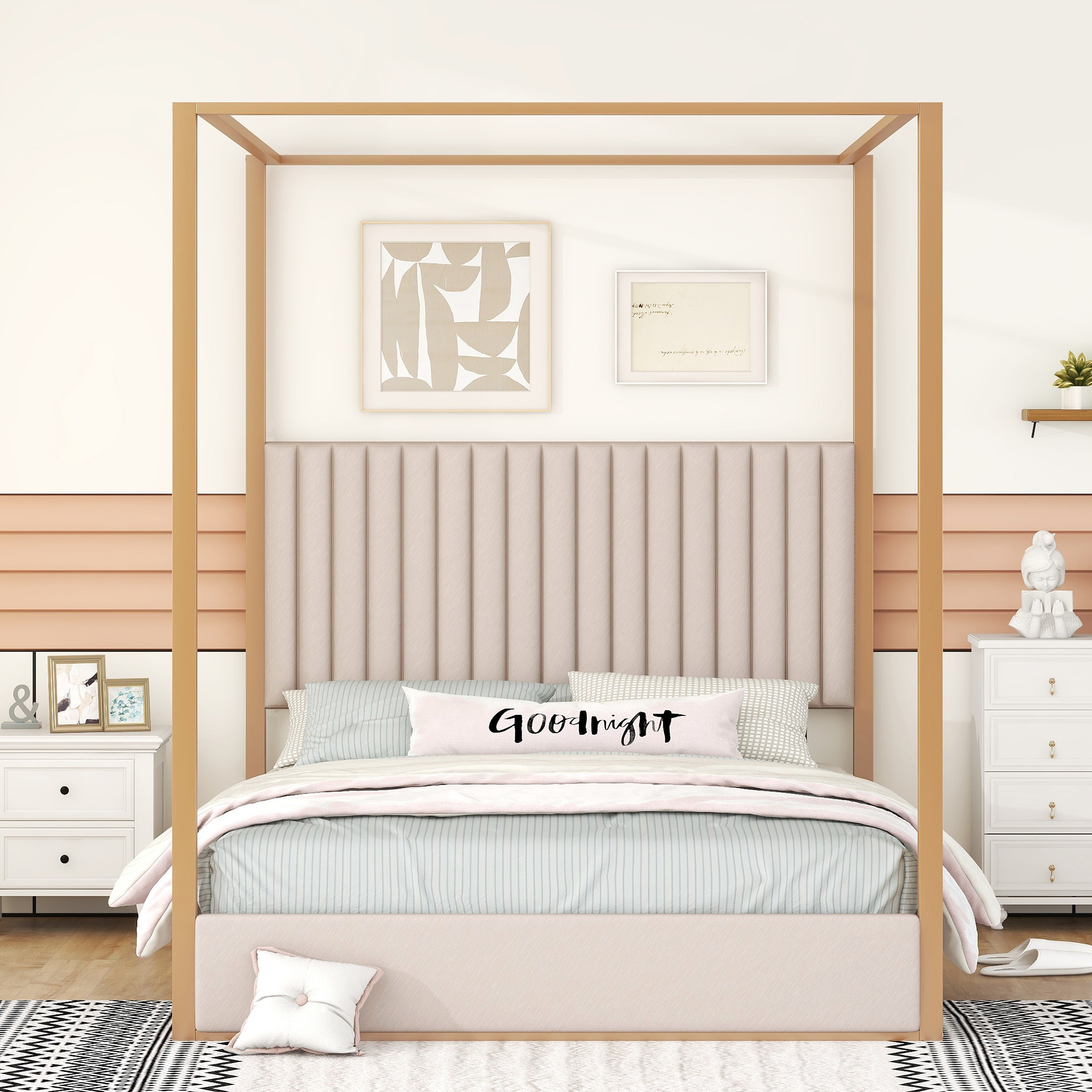 Euroco Upholstery Queen Size Canopy Platform Bed with Upholstery Headboard and Metal Bed Frame, Beige