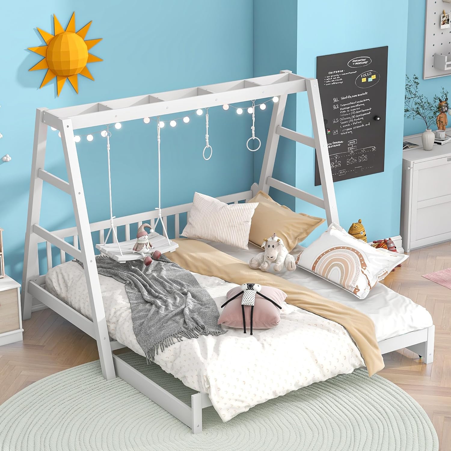 Extedable Daybed,Woode Daybed Frame With Swig Ad Rig Hadles For Bedroom Livig Room,Box Sprig ot Required,White