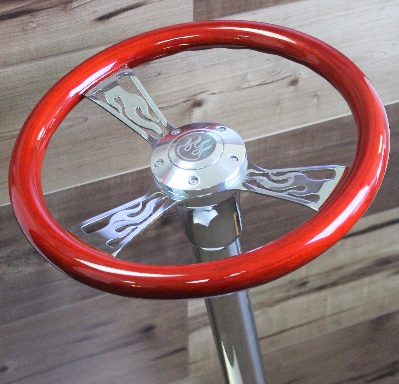 GOLF CART FLAME REAL WOOD STEERING WHEEL AND HUB W/COLUMN COVER