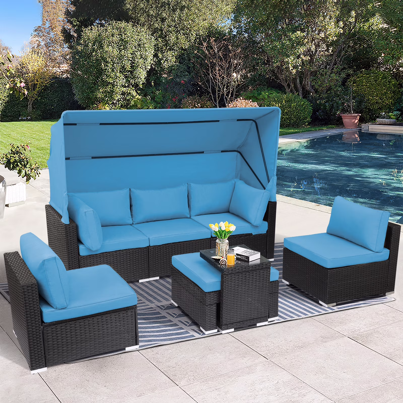 Magic Union 7 Piece Outdoor Sectional Sofa Set Patio Rattan Daybed with Retractable Canopy, Blue