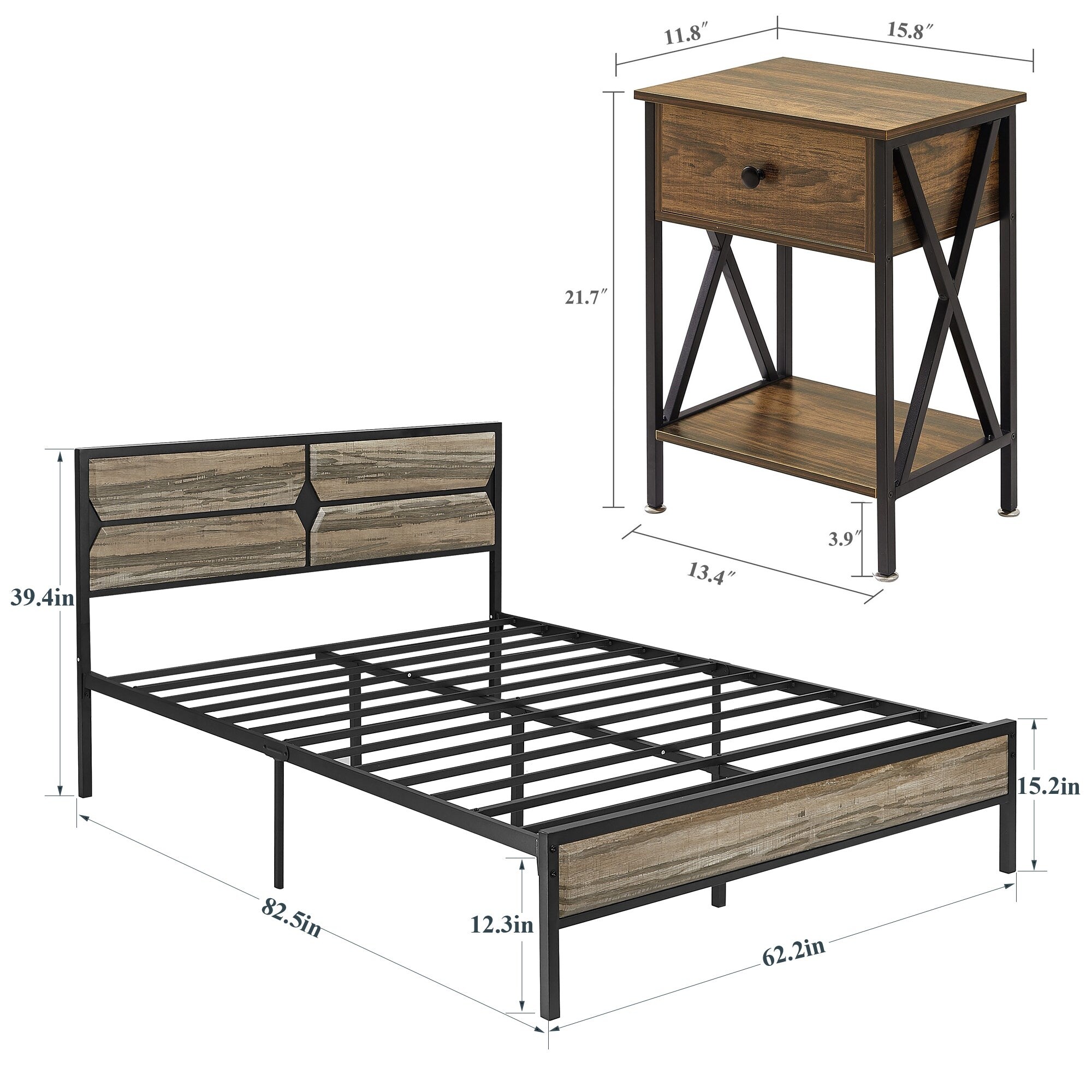 Javlergo 3-Piece Bedroom Sets Wooden Platform Bed Frame with 2 Nightstands, Bedroom Furniture, Slate Queen - 3 Piece