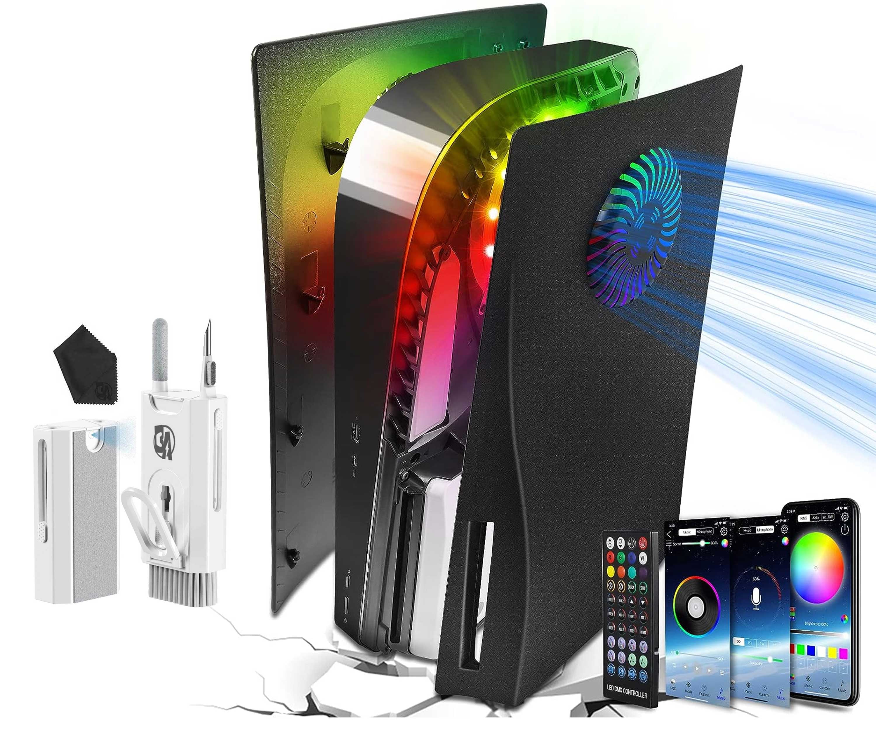 Pre-Owned PS5 Plates Cover Face Plates and RGB LED Light Strip, Console Disc Version Skins with Fan Vents Dust Side Faceplate Shell Case, 8 Color Black BOLT AXTION Bundle (Refurbished: Like New)