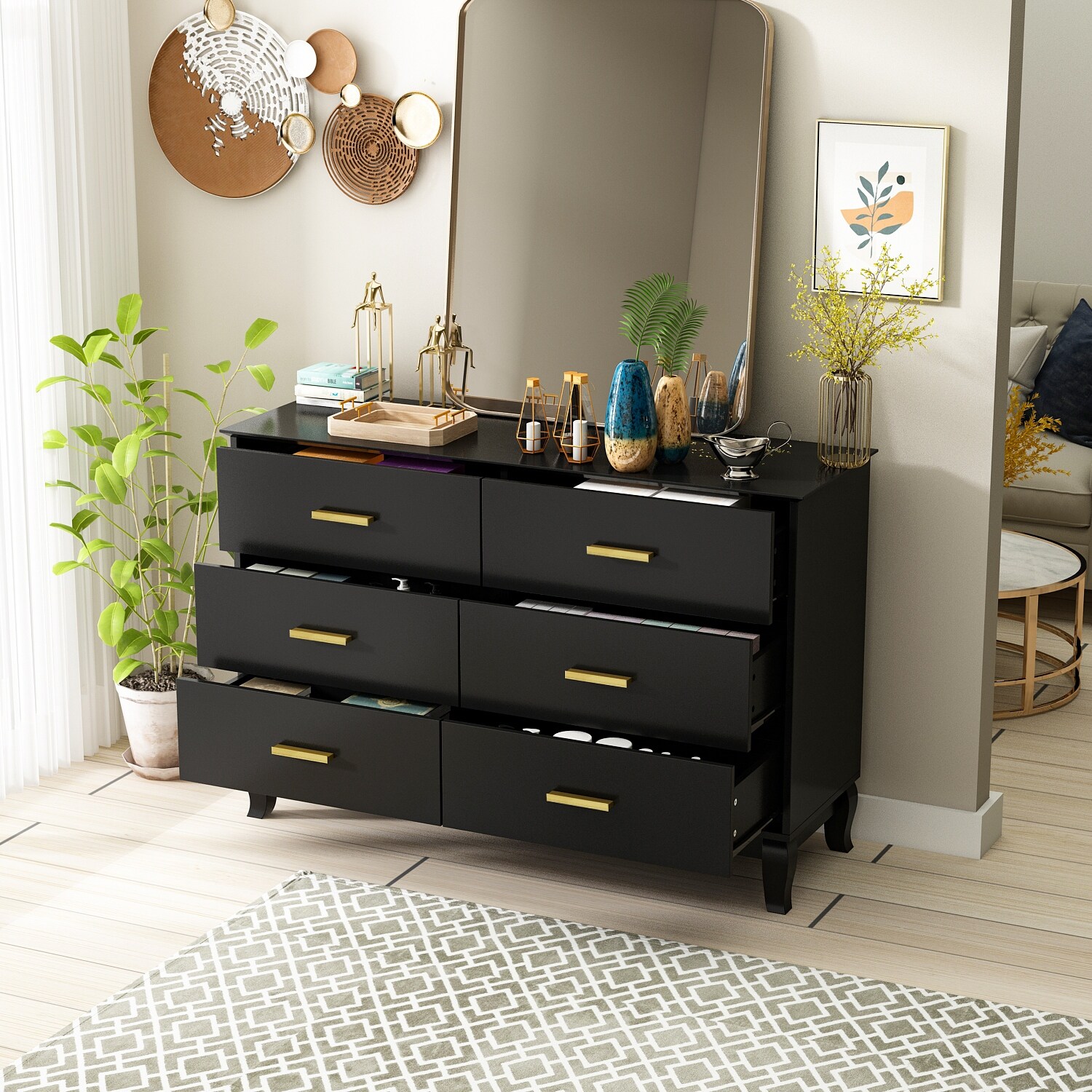 6 Drawer 47.2'' W Double Dresser Black/White Lacquer Chest Storage Black