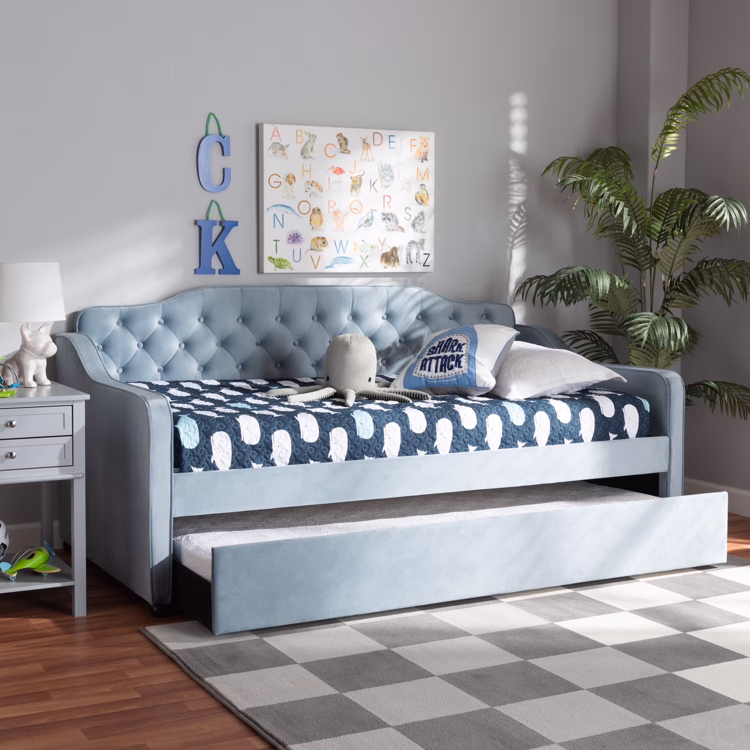 HomeStock Mountain Majesty Traditional And Transitional Light Blue Velvet Fabric Upholstered And Button Tufted Twin Size Daybed With Trundle