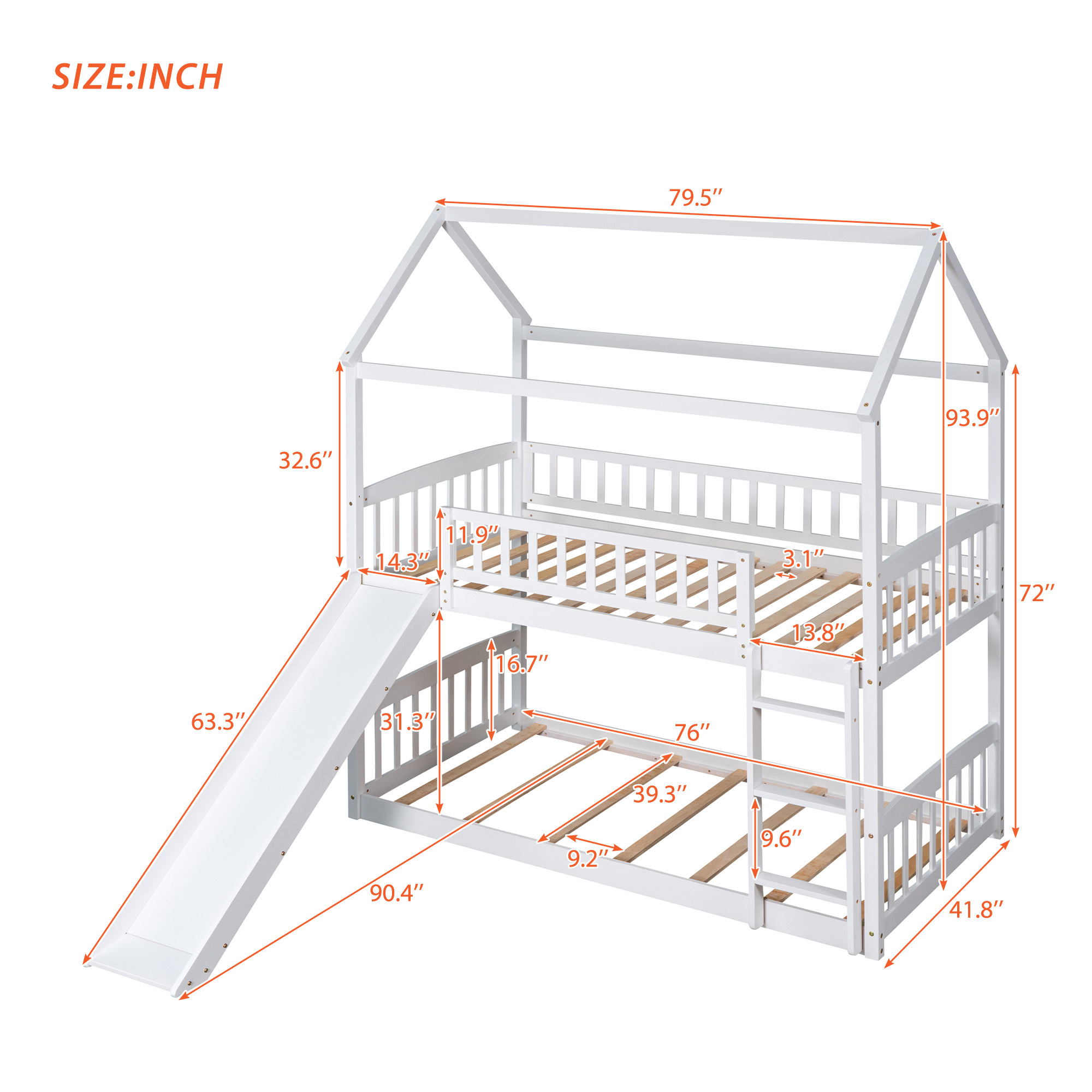 Twin Over Twin Bunk Bed with Slide, Home Bed with Slide, White, Dimensions 79.5