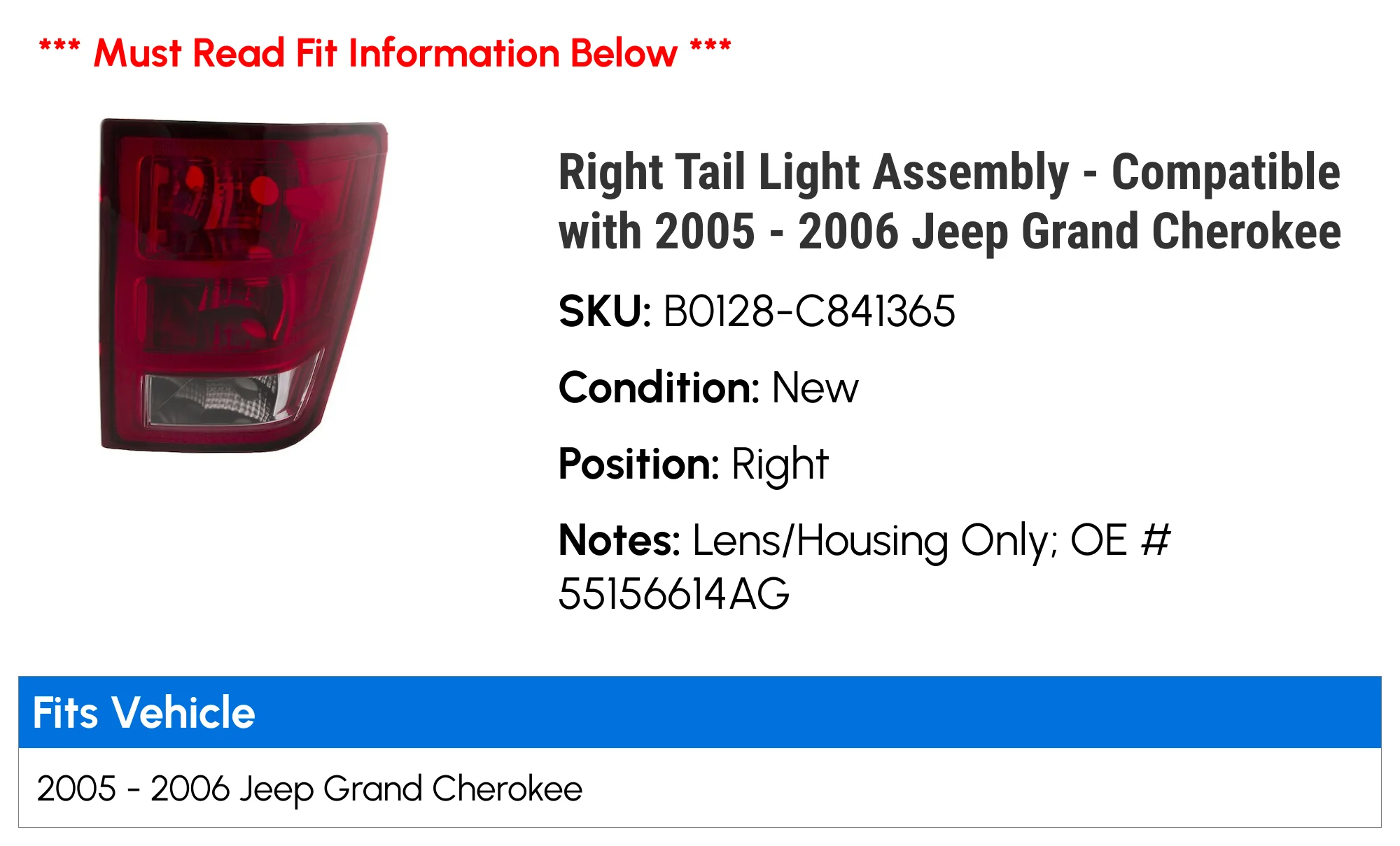Right Tail Light Assembly - Compatible with 2005 - 2006 Jeep Grand Cherokee