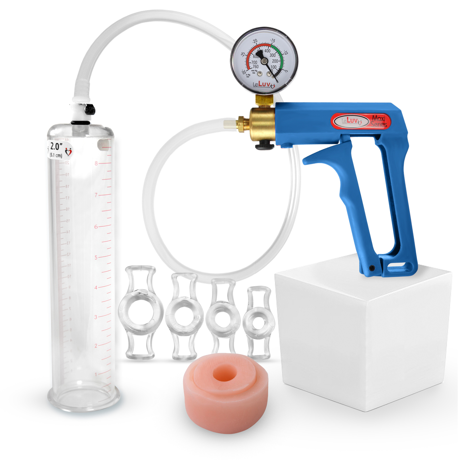 LeLuv® Maxi Penis Pump w/ Blue Handle, Clear Hose + Gauge | Donut, 4 Constriction Rings | 9