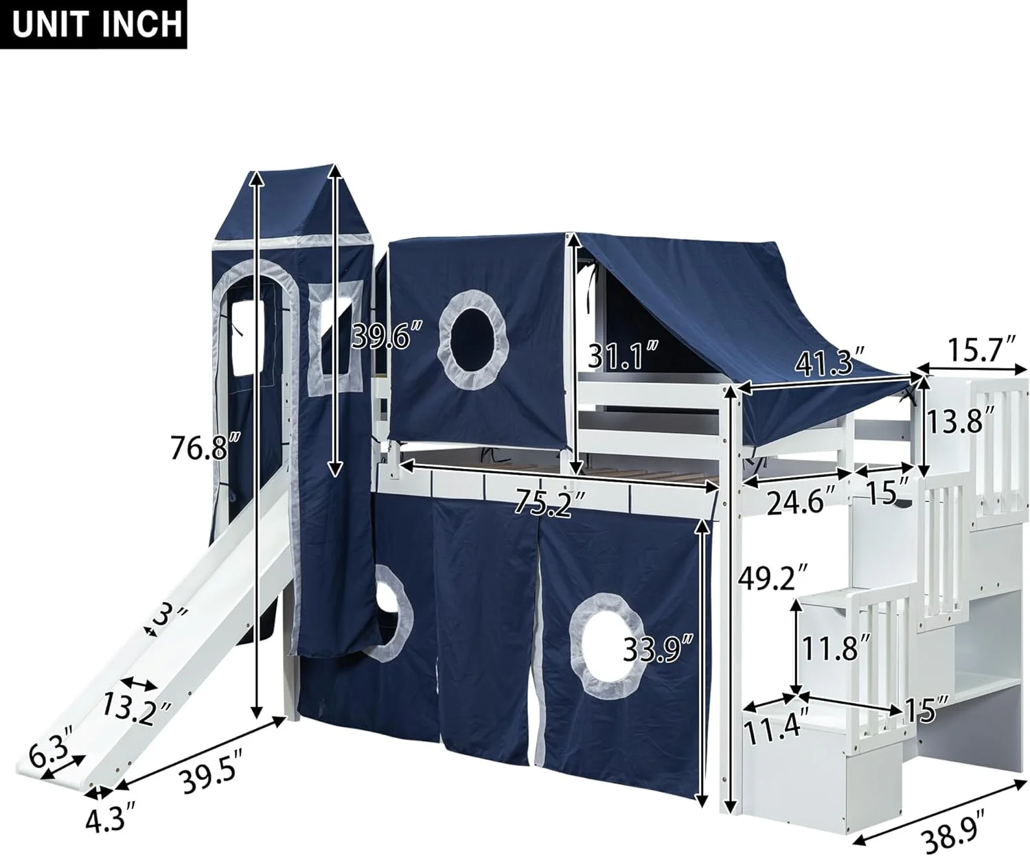 Twin Size Castle Loft Bed with Blue Tent and Tower,Wood Twin Loft Bed with Slide and Staircase