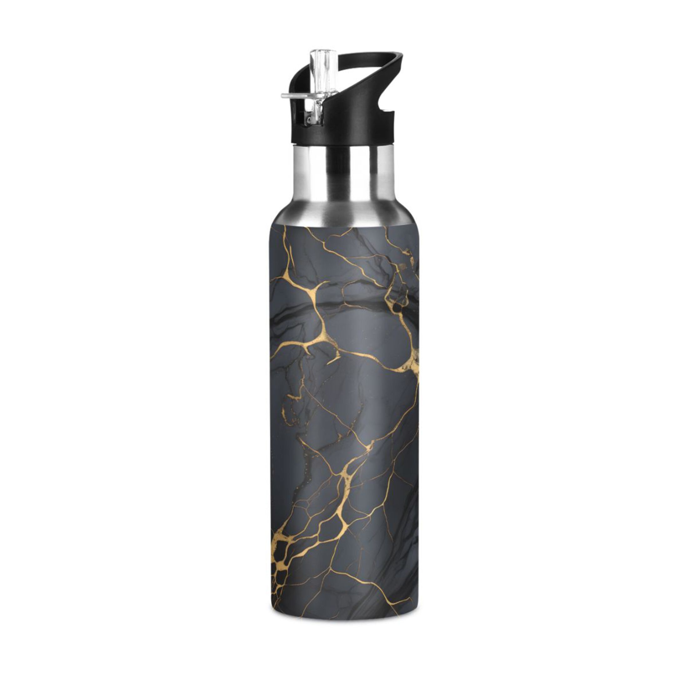Water Bottle with Straw Lid Leak Black and Golden Marble Stainless Steel Insulated Thermos Vacuum Flask for Cold Hot Drinking for Sports Camping Gym Yoga