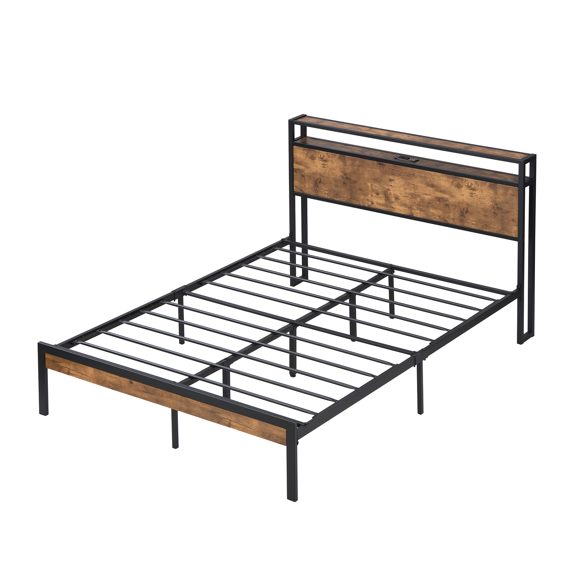 King Size Metal Platform Bed Frame with Wooden Headboard and Footboard with USB Liner, No Box Spring Needed, Large Under Bed Storage, Easy Assemble