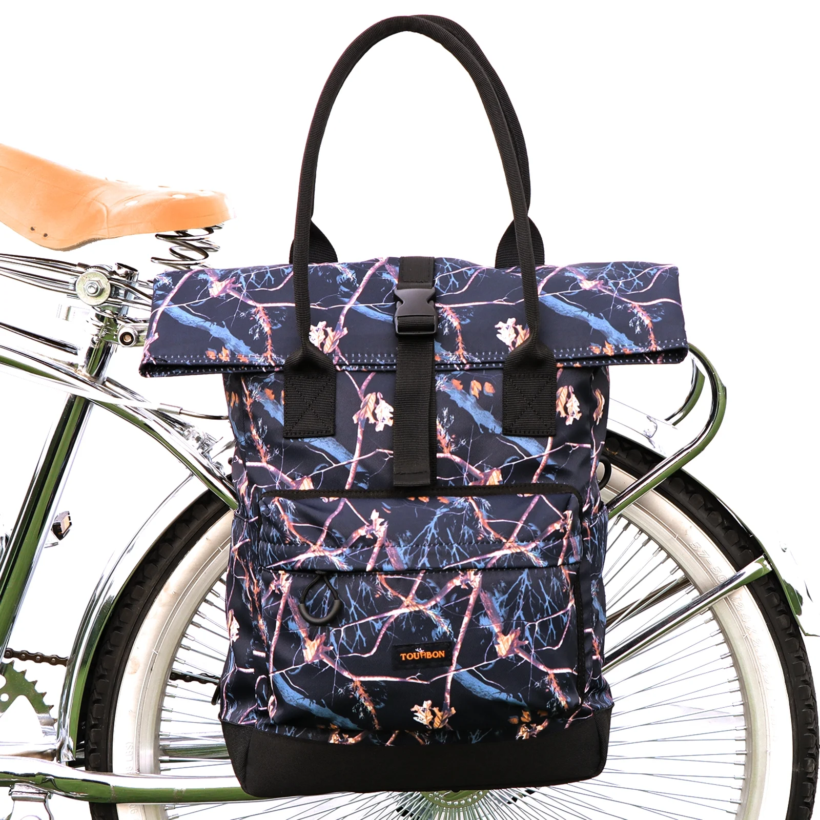 TOURBON Cycling Accessories Nylon Bike Pannier Bicycle Rear Rack Bag Stylish Shoulder Tote School Bag Roll-top Clip-On