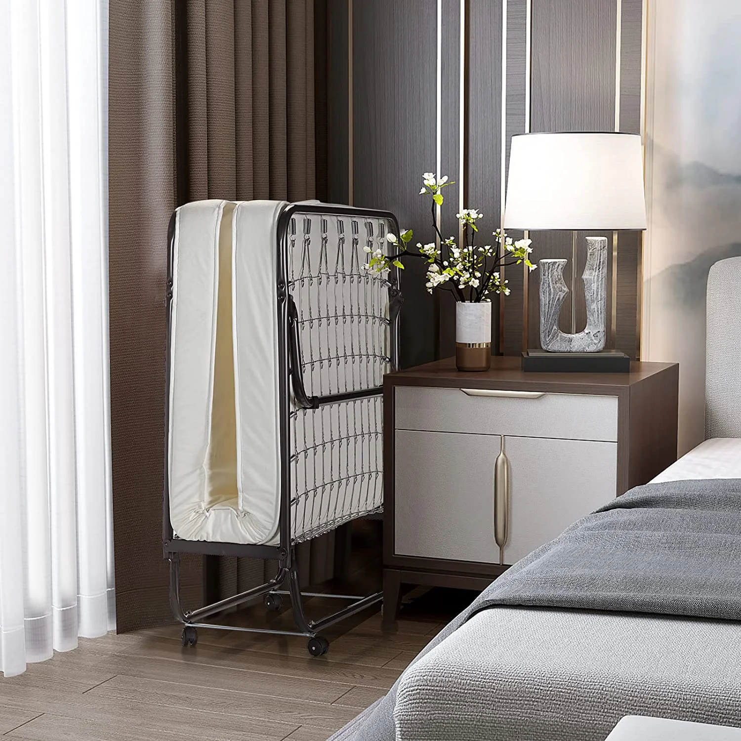 Folding Bed with Mattress Memory Foam, Bed w/Sturdy U-Shaped Metal Bed Frame, 4 Universal Wheels, Portable Guest Bed, Easy Storage, Cot-Size Rollaway Single Bed, Made in Italy