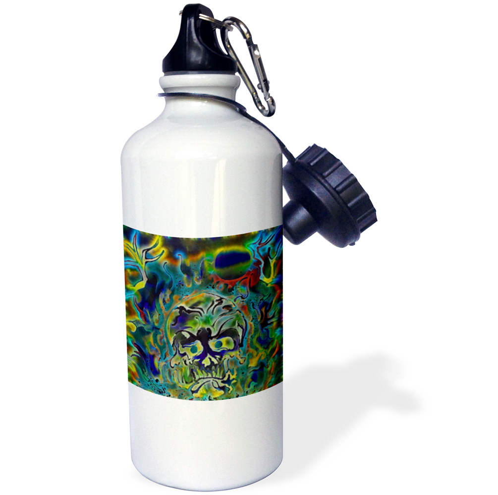 3dRose Trippy Colors Fire Skull Goth Fantasy Abstract Digital Art, Sports Water Bottle, 21oz